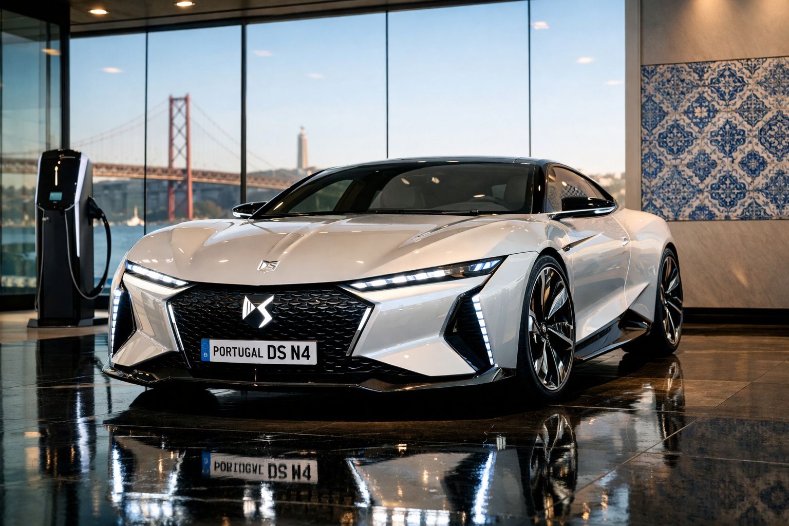 Carro elétrico DS N4 branco estacionado interior com ponte e azulejos tradicionais portugueses ao fundo.