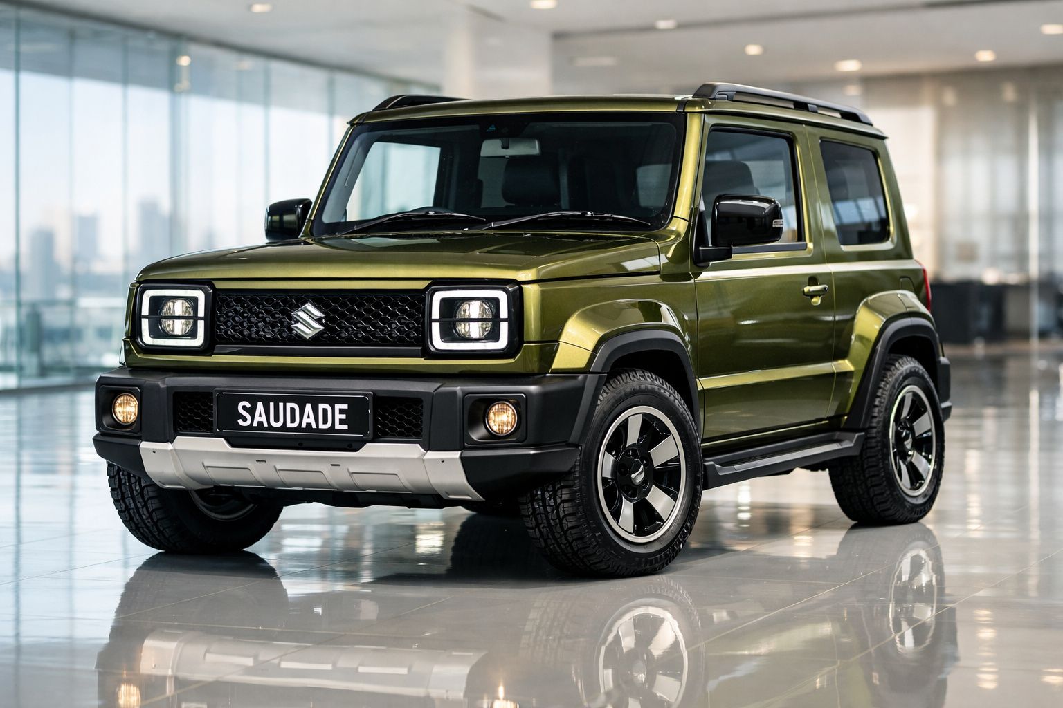 Carro Suzuki Jimny verde metálico estacionado em piso brilhante numa sala moderna.