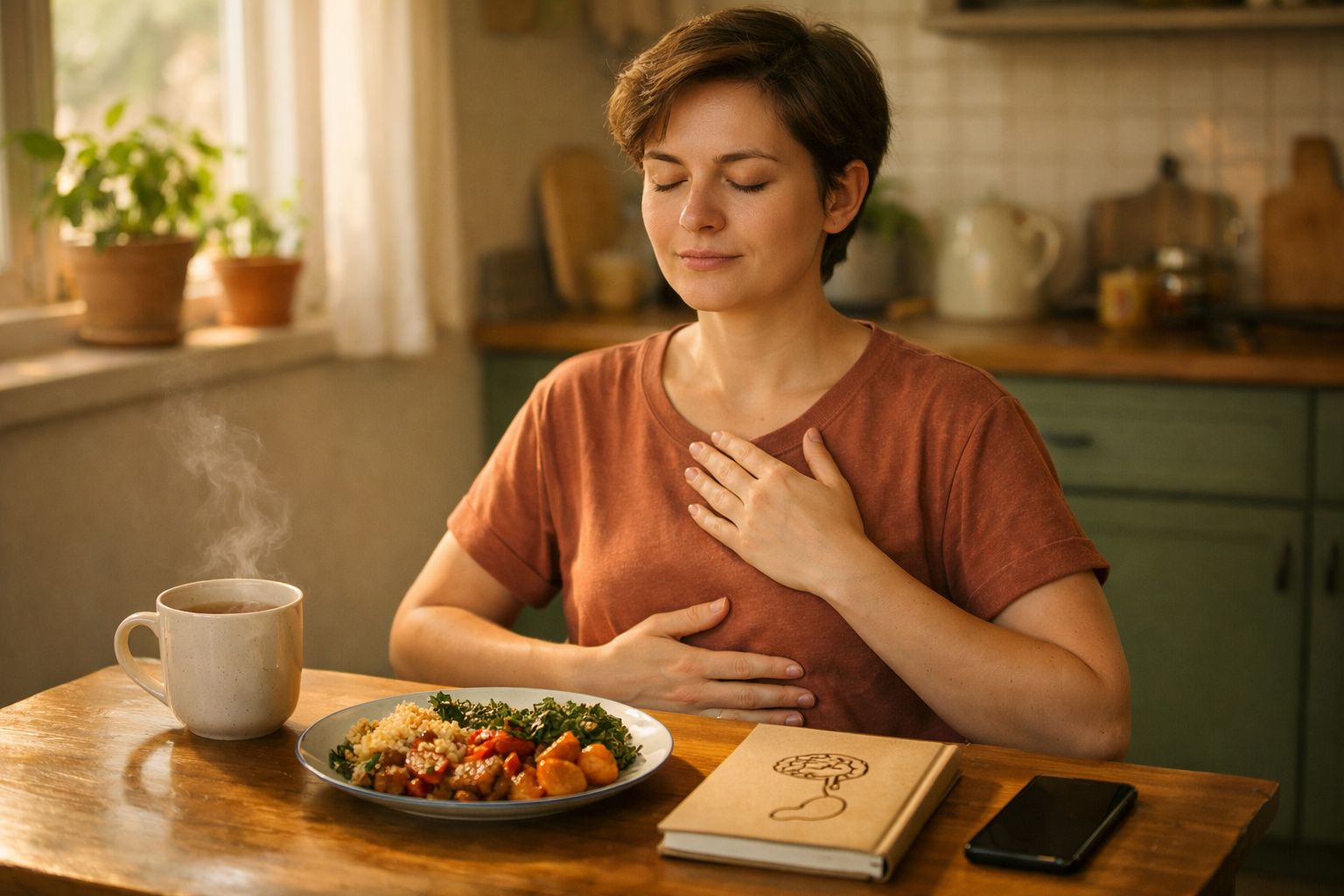 Mulher serena com mãos no peito sentada à mesa com prato de comida, chá quente e cadernos à sua frente.