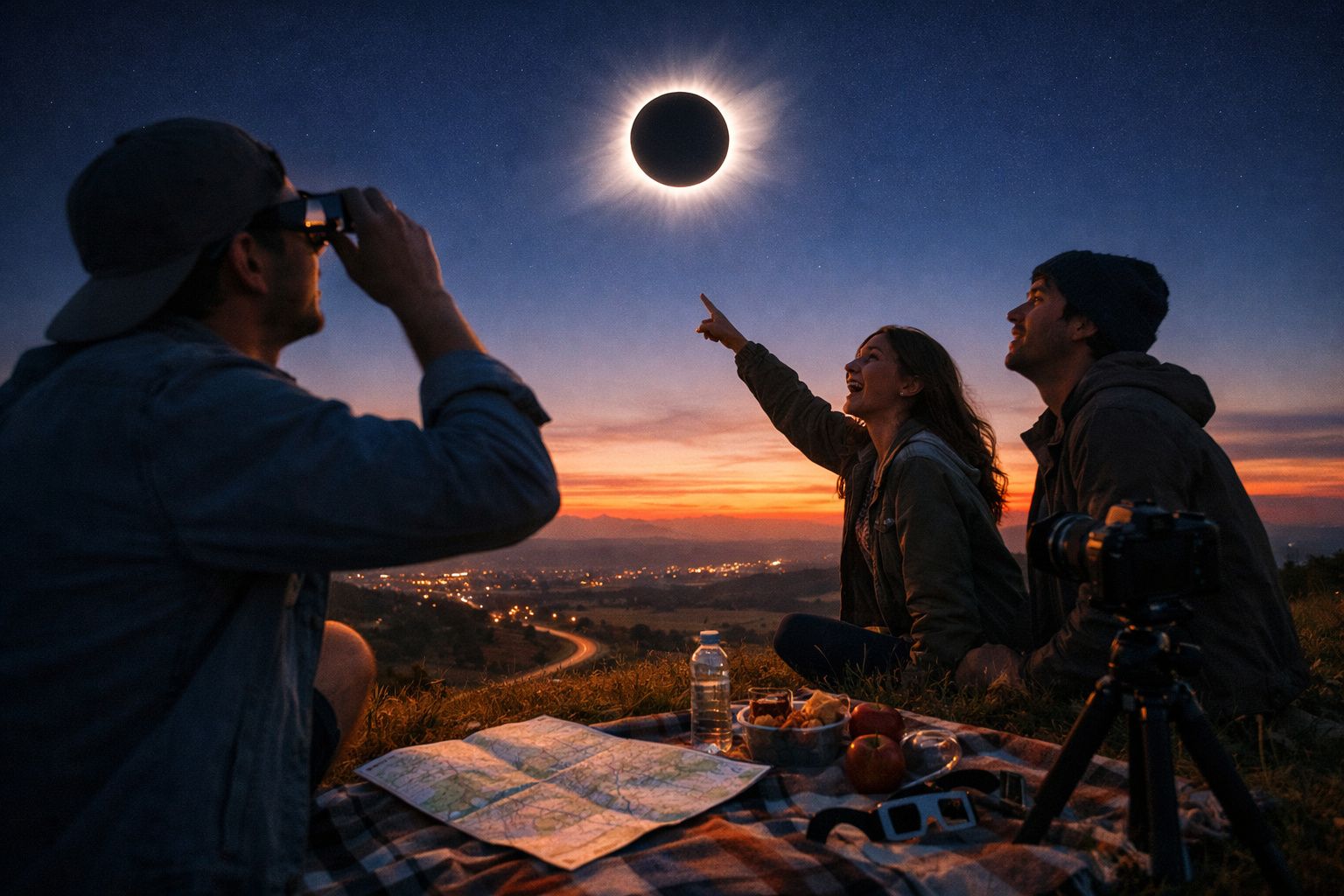 Três pessoas observam um eclipse solar durante o pôr do sol numa colina, com mantas, comida e equipamentos de fotografia.
