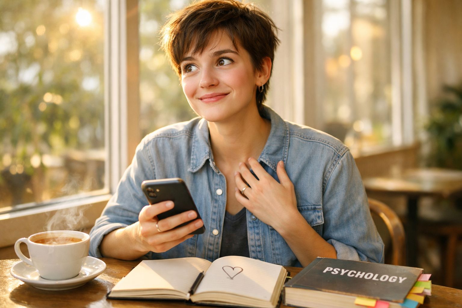 Mulher sorridente segurando telemóvel sentada numa mesa com café, caderno e livro de psicologia.