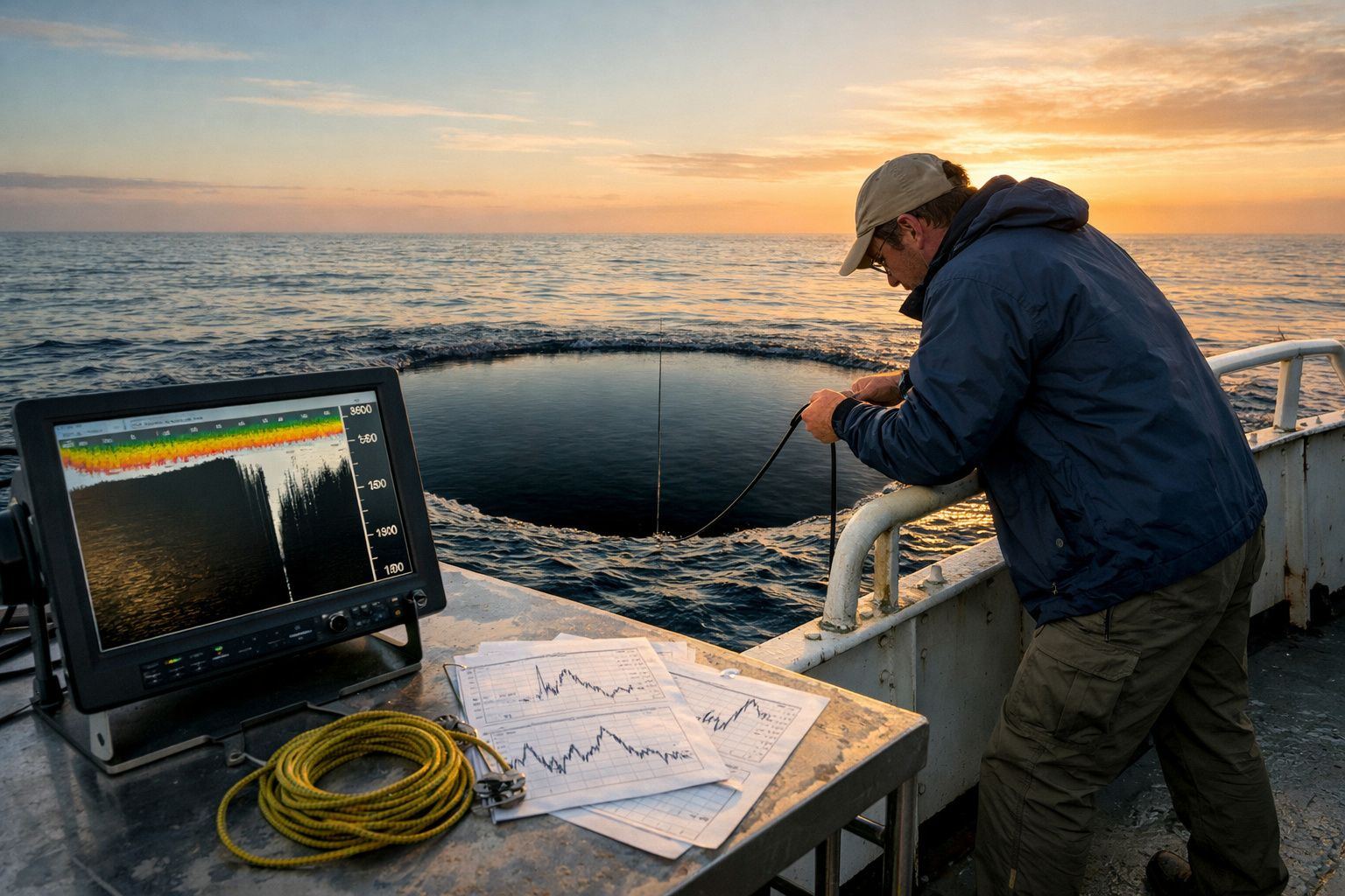 Homem recolhe amostra de água do mar ao pôr do sol, com equipamento de análise e gráficos numa embarcação.