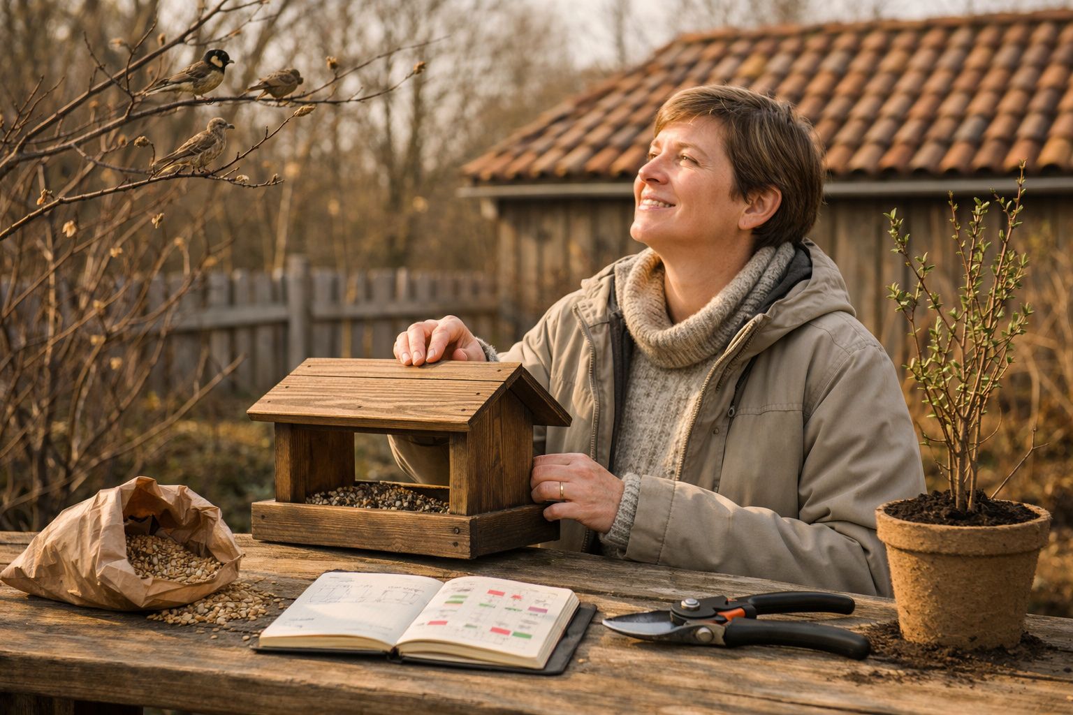 Mulher sorridente junto a comedouro de pássaros, livro aberto, tesoura de poda e vaso com planta.