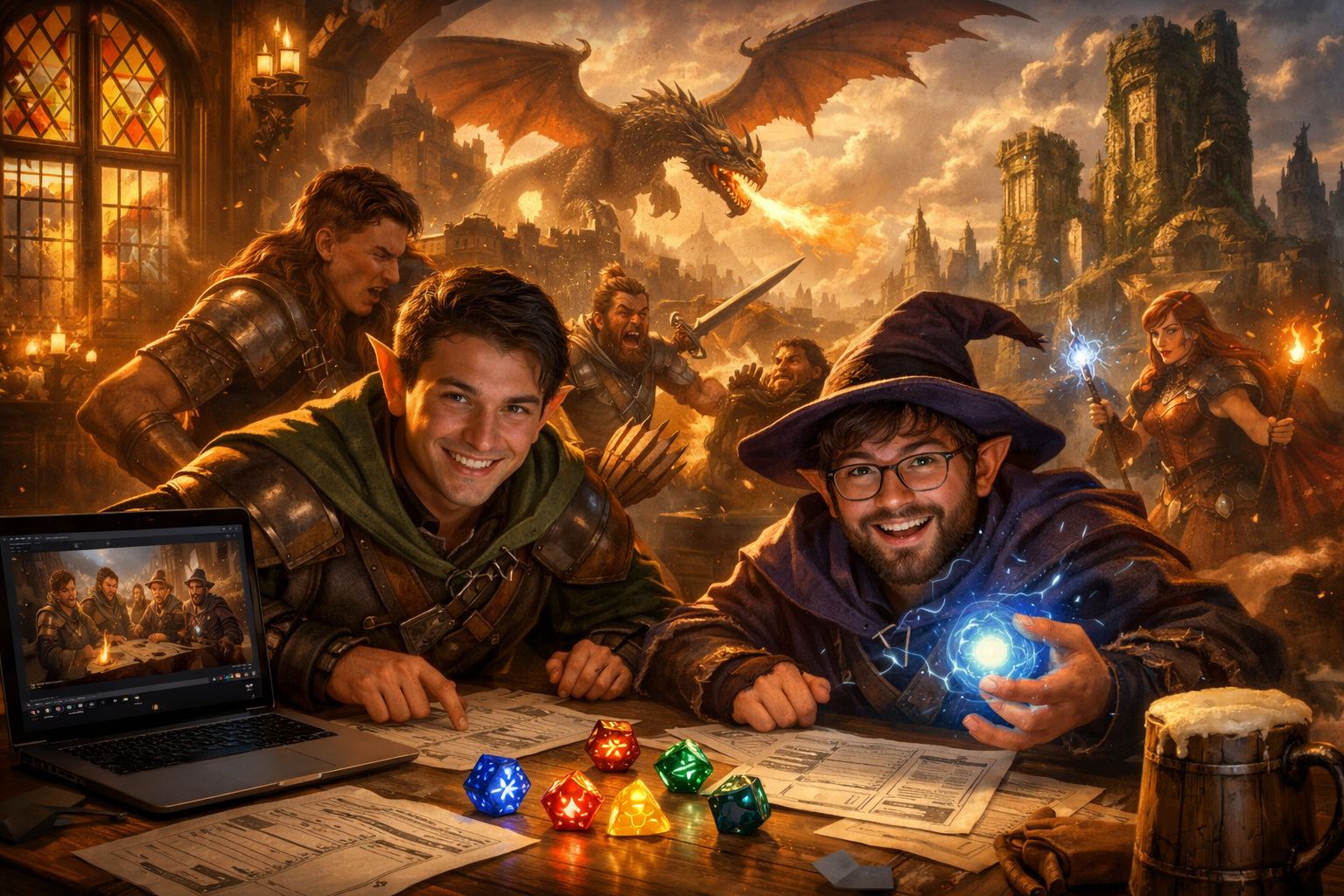 Grupo de amigos a jogar RPG, com dados coloridos, laptop, e dragão a incendiar ao fundo numa cena de fantasia.