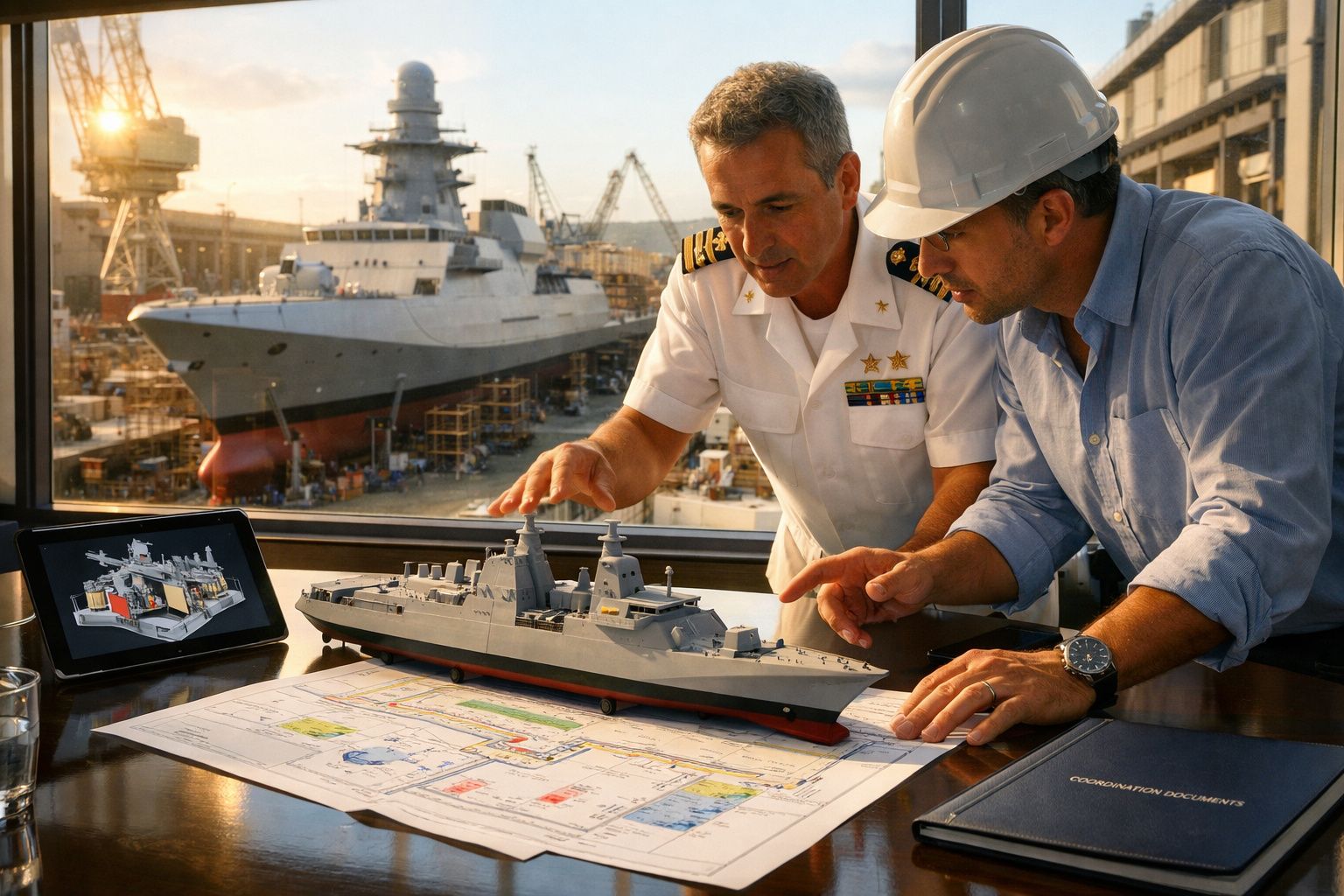 Dois homens analisam maquete de navio e plantas num estaleiro naval ao fundo com um navio em construção.