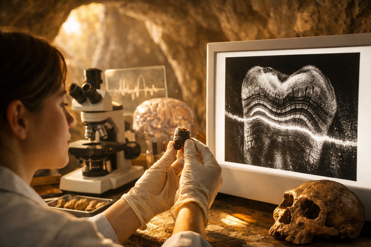 Investigadora em laboratório a analisar fóssil com microscópio e imagens digitais, crânio humano ao lado.