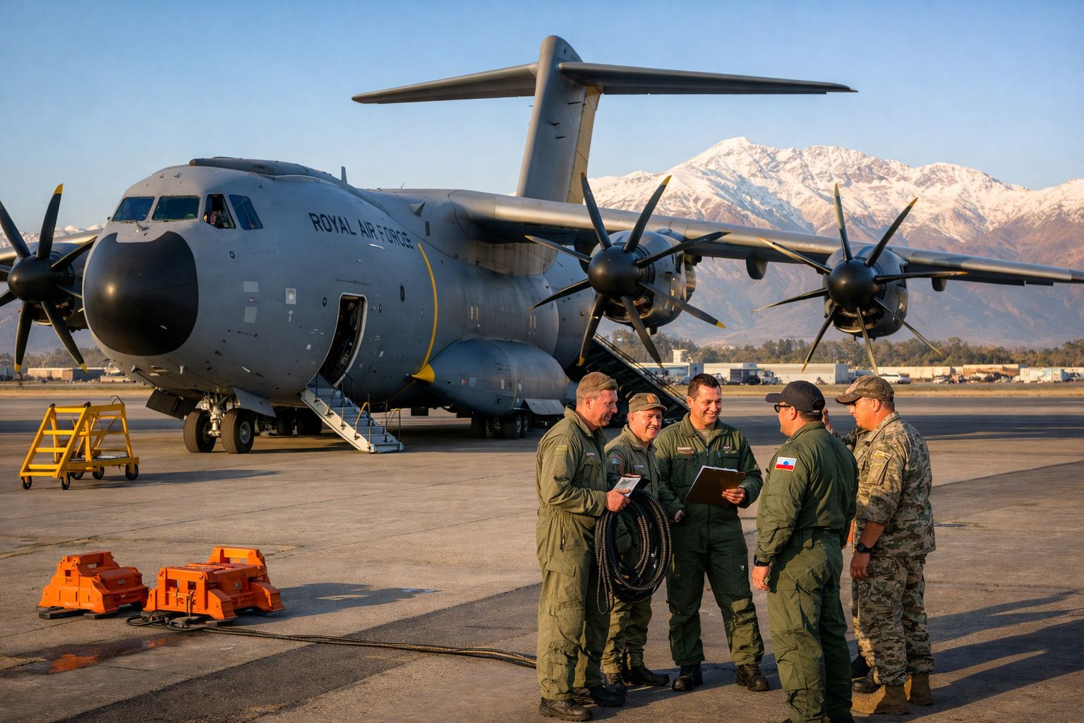 Grupo de militares em uniforme junto a avião militar estacionado numa pista com montanhas ao fundo.