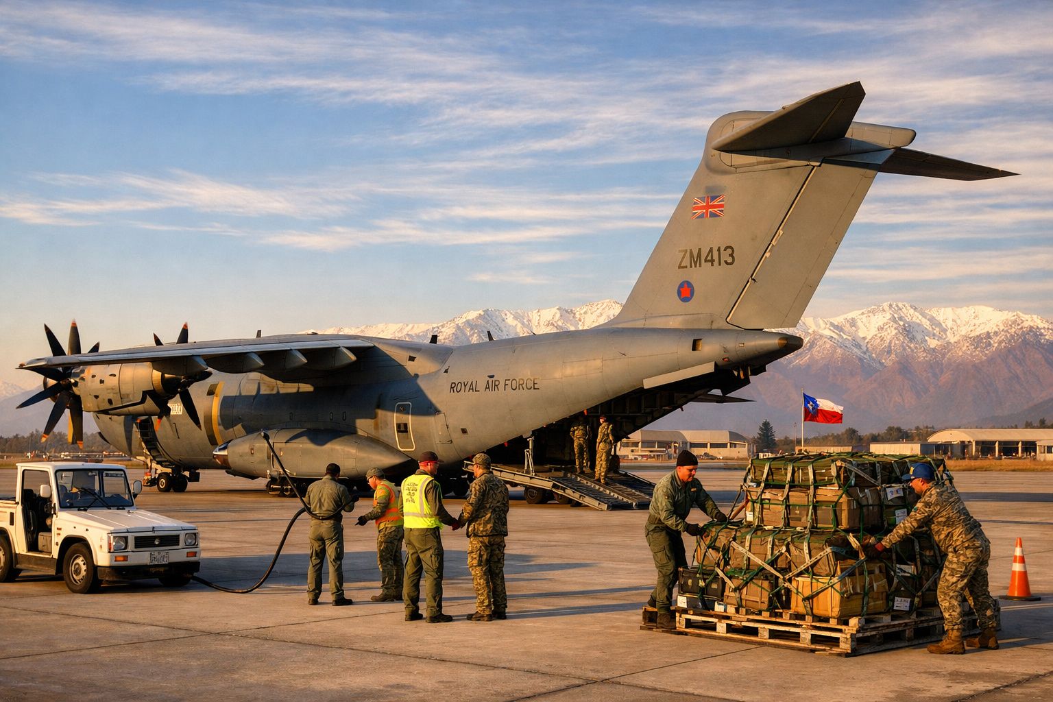 Soldados em operação de carga junto a avião militar da Royal Air Force numa pista com montanhas ao fundo.