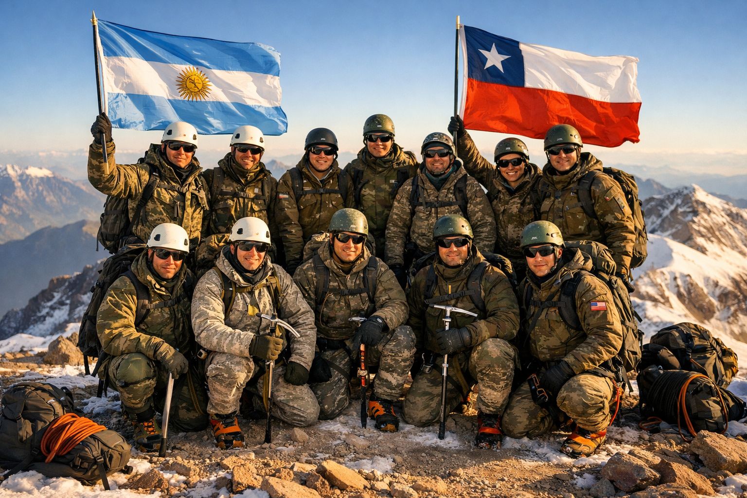 Grupo de militares com equipamento de montanhismo posa em cume nevado, segurando bandeiras da Argentina e Chile.