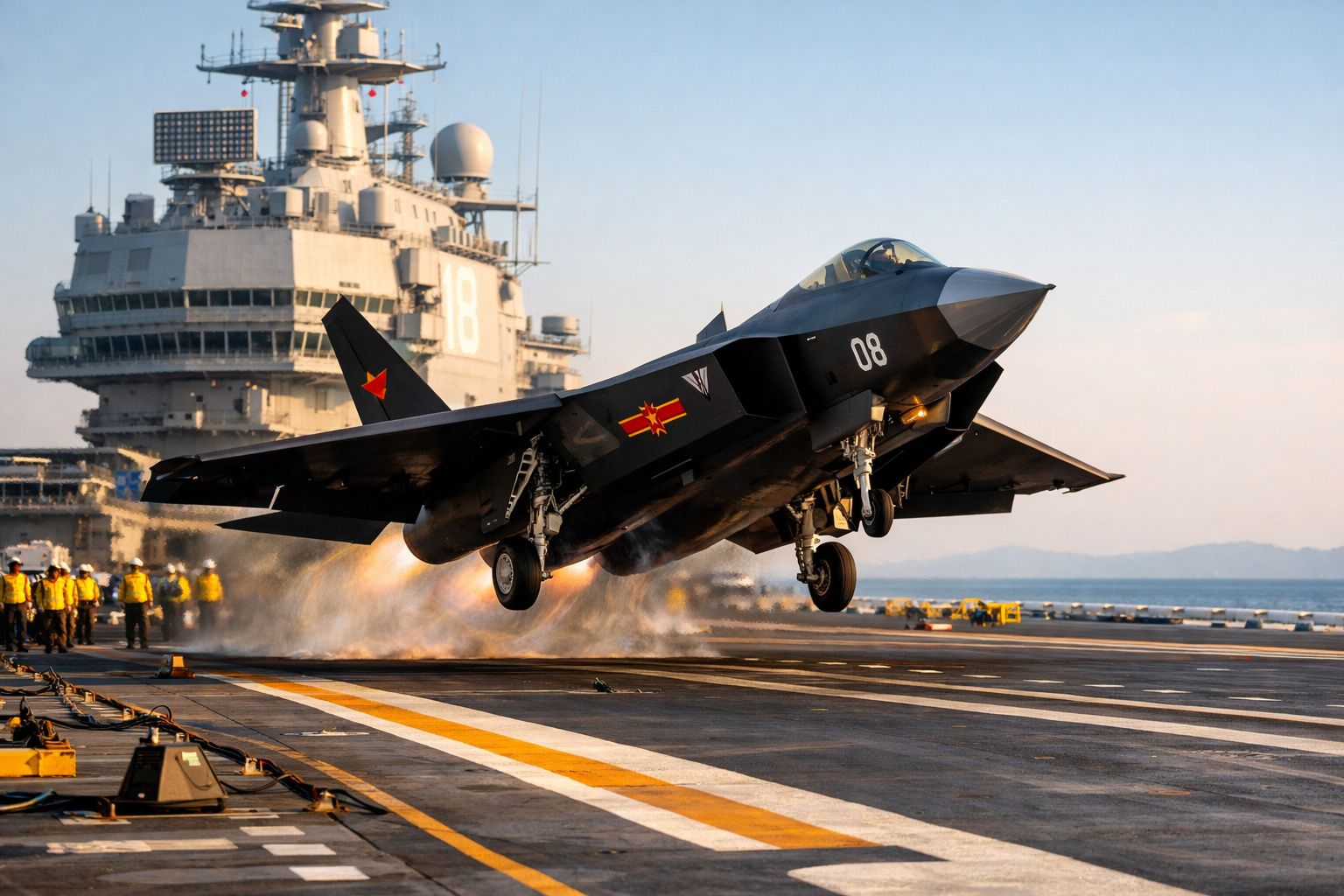 Caça furtivo descolando do convés de porta-aviões militar com tripulação em ação ao fundo.