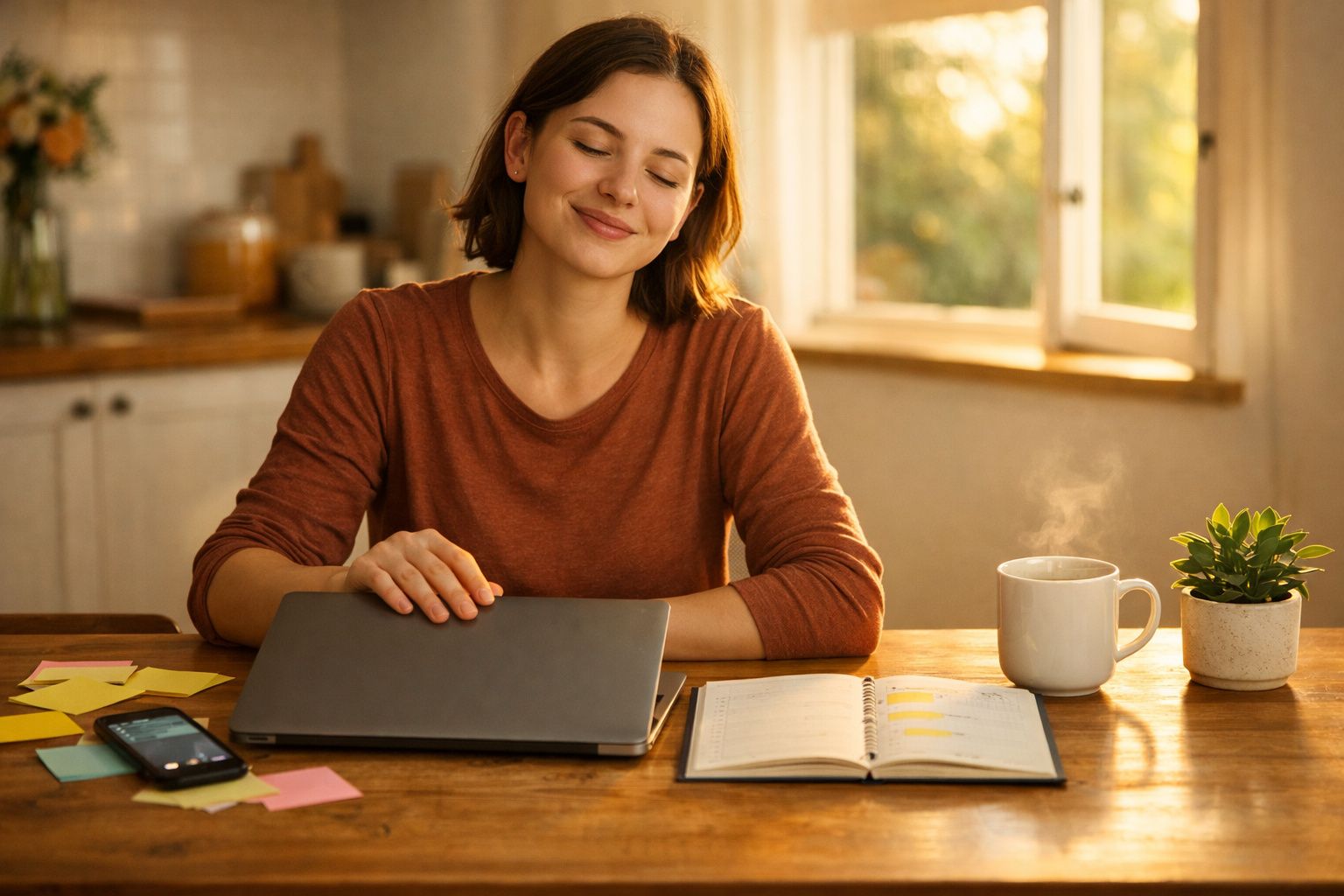 Mulher sorridente a fechar o portátil numa mesa com agenda, chá quente e planta, num ambiente acolhedor.