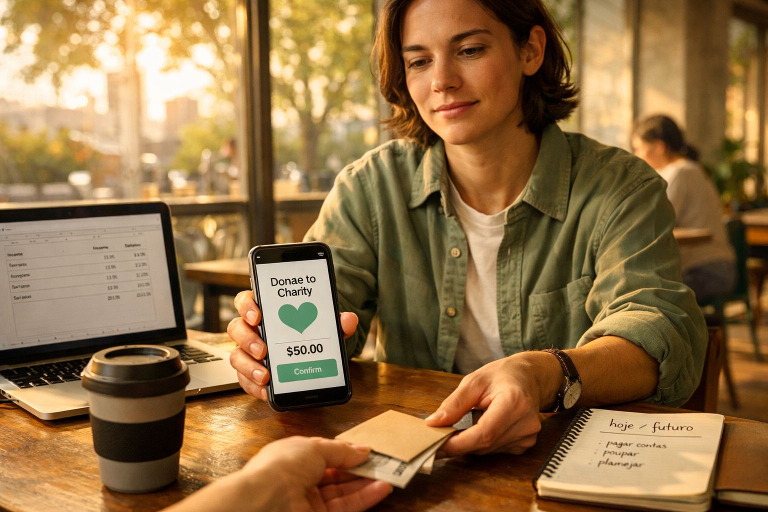 Pessoa a fazer uma doação de 50 dólares para caridade através do telemóvel num café.