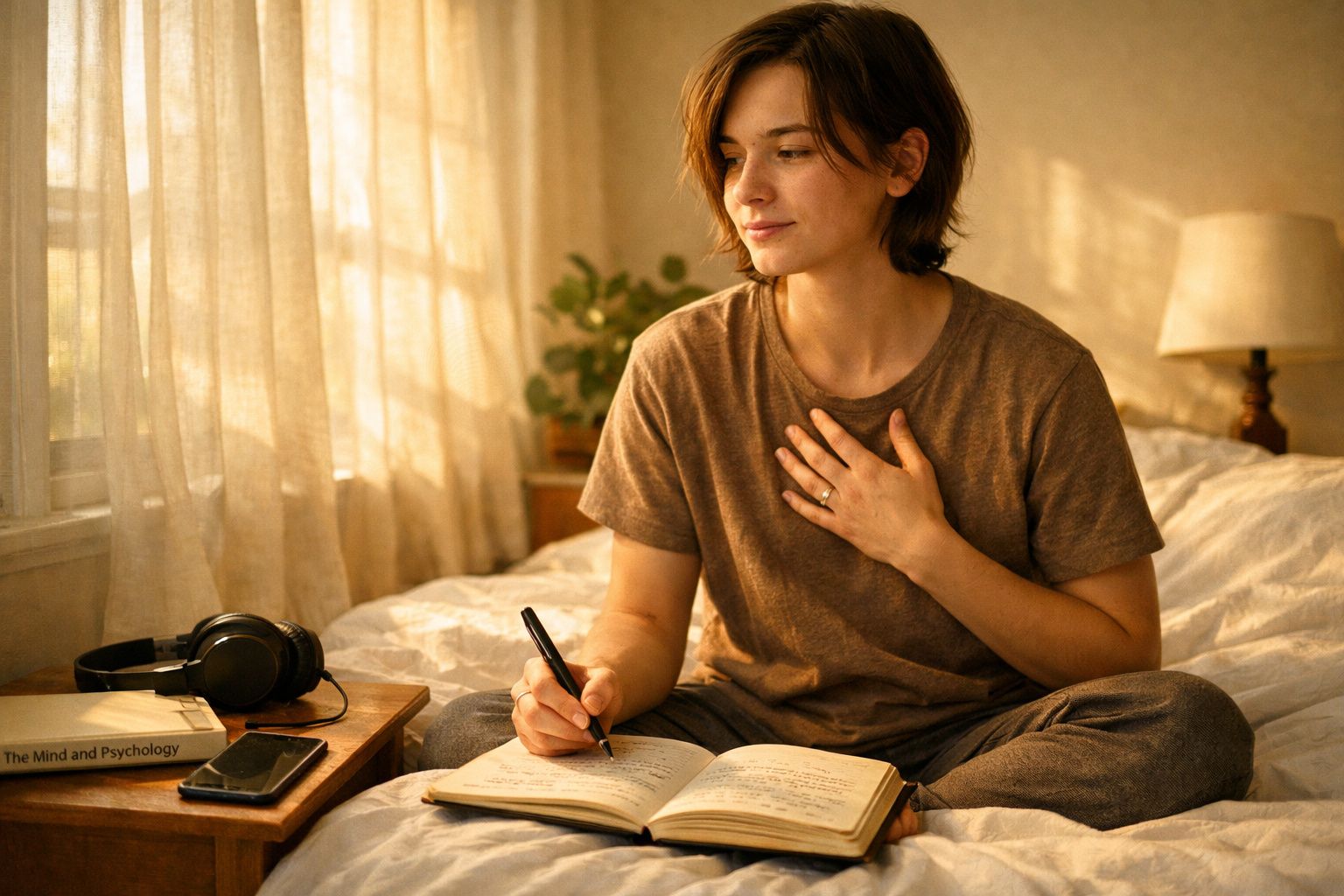 Mulher sentada na cama escrevendo num caderno com expressão de reflexão num quarto iluminado pela luz natural.