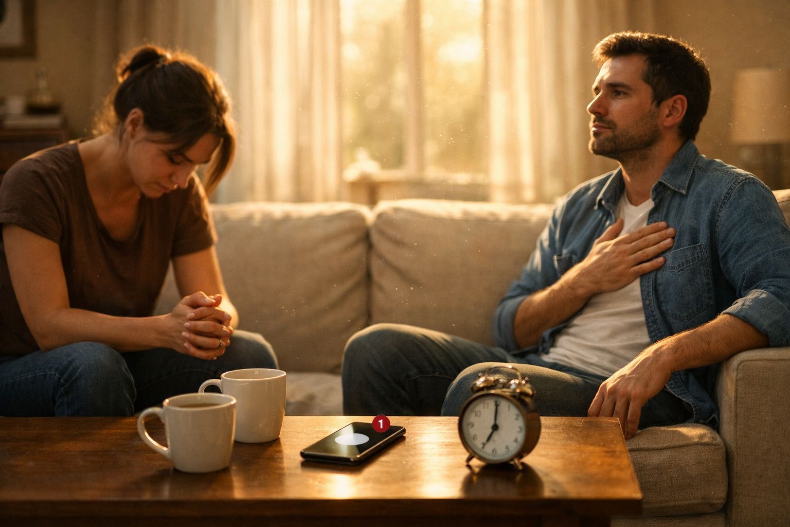 Homem e mulher sentados no sofá a conversar, com relógio e telemóvel numa mesa à frente.