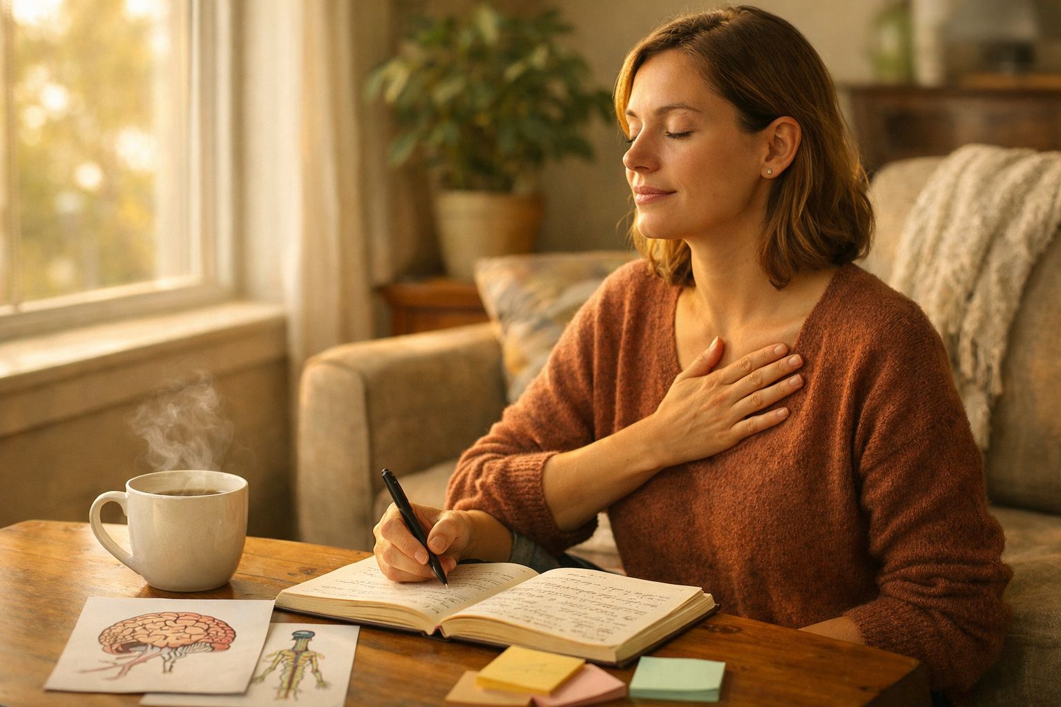 Mulher sentada a escrever num caderno com expressão de gratidão e chá quente numa mesa à sua frente.