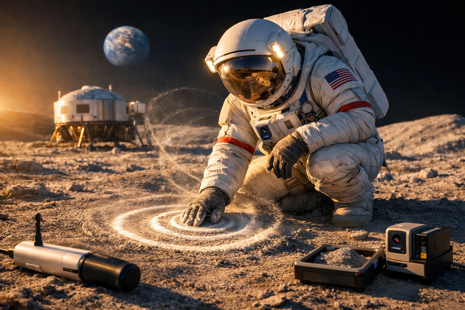 Astronauta americano na superfície lunar desenha círculos na areia com terra ao redor.