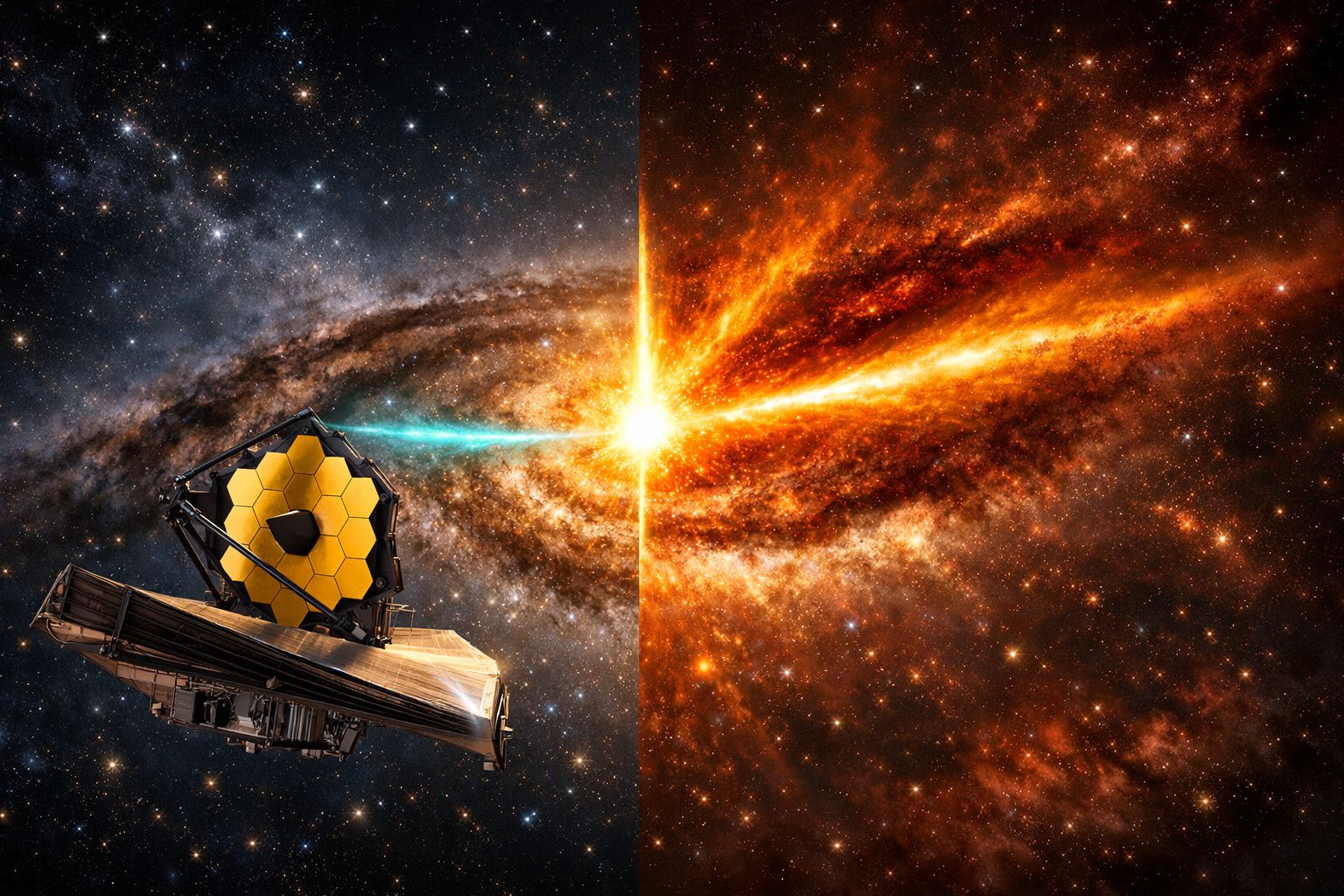 Telescópio espacial observa galáxias e estrelas com brilho e poeira cósmica no espaço profundo.