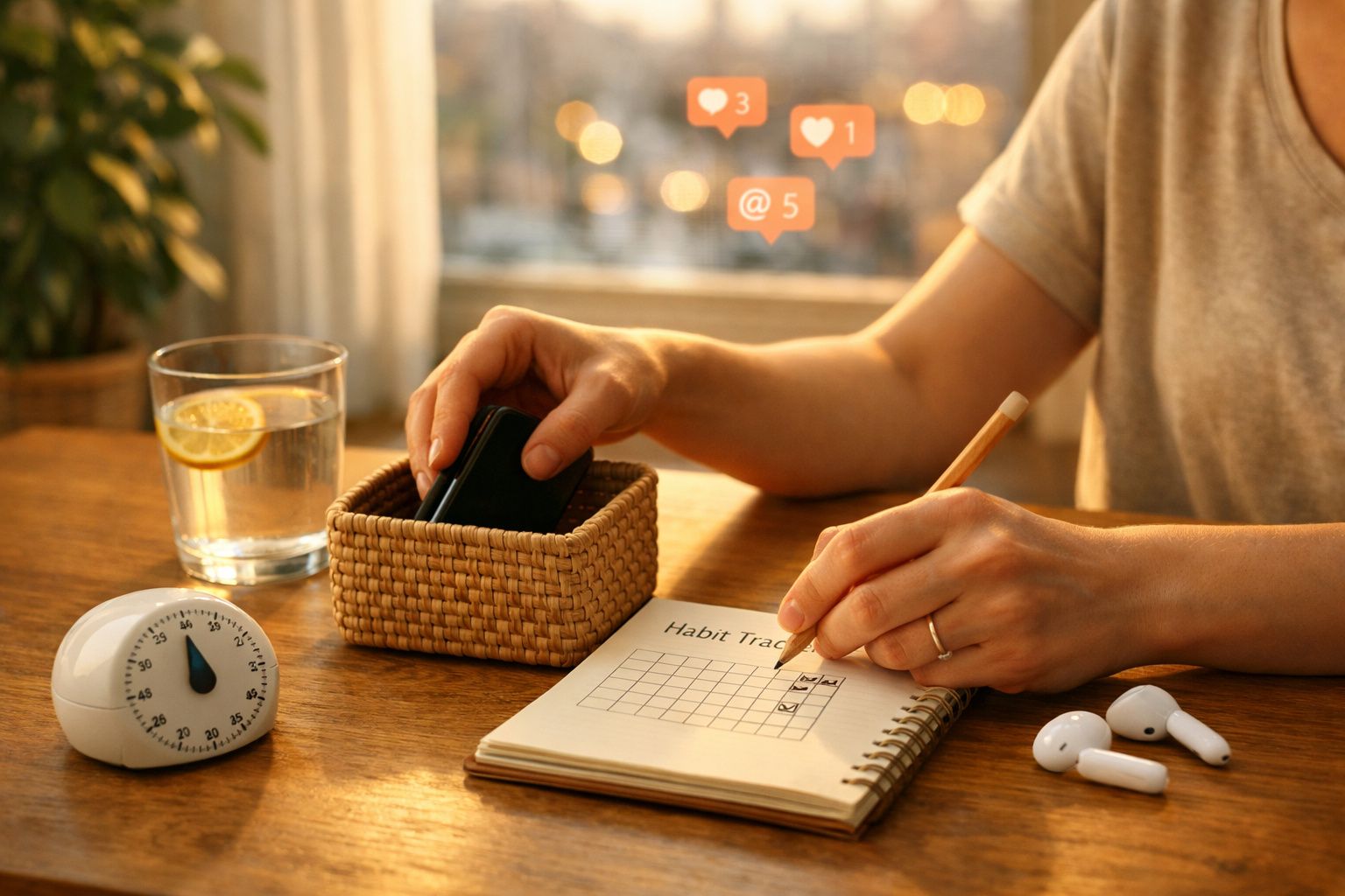 Pessoa a guardar telemóvel numa caixa e a assinalar hábitos numa agenda numa mesa com copo de água e auscultadores.