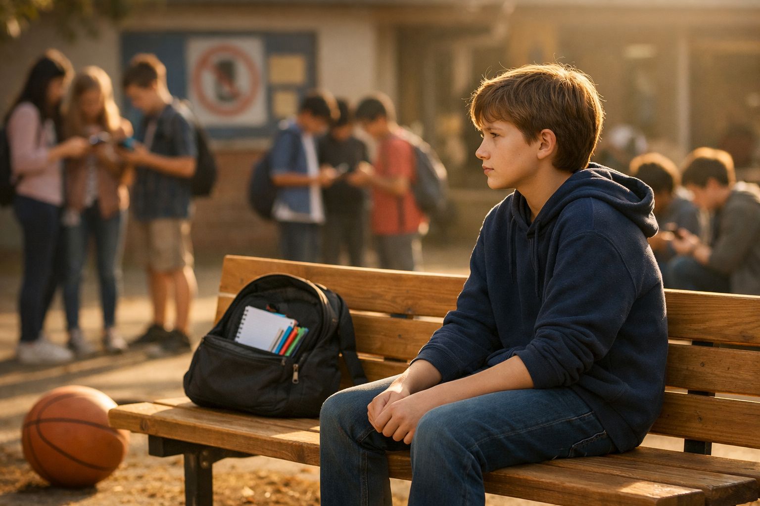 Jovem sentado sozinho num banco com mochila e bola de basquetebol, outros jovens ao fundo conversam.