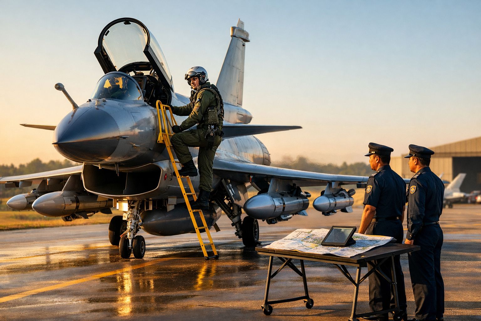Piloto militar sobe escada para entrar em cauda de combate com dois oficiais a observar junto a mapa na pista.