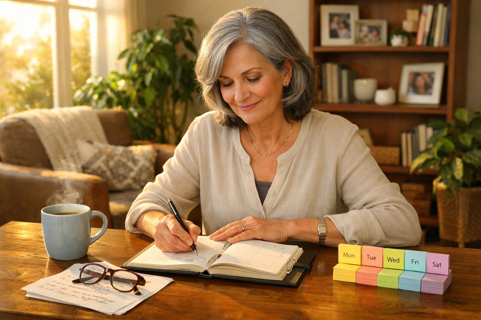 Mulher madura a escrever num caderno numa mesa com café, óculos e blocos coloridos dos dias da semana.
