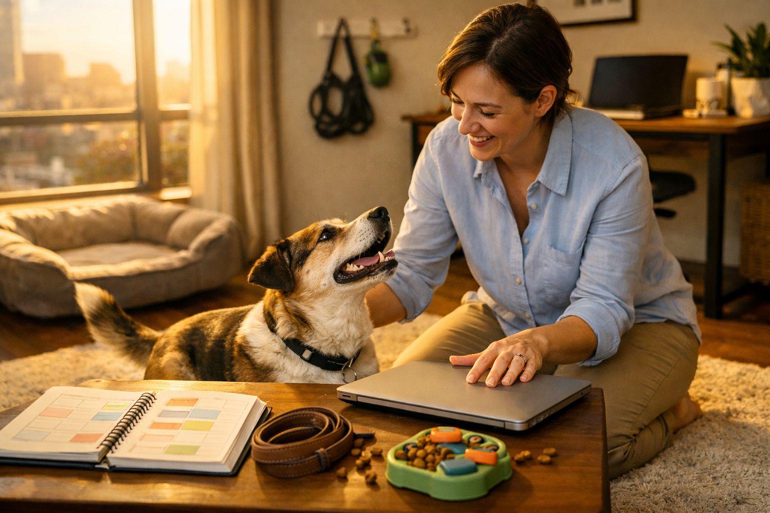 Mulher sorri enquanto brinca com cão junto a mesa com laptop, agenda e brinquedos num ambiente acolhedor.