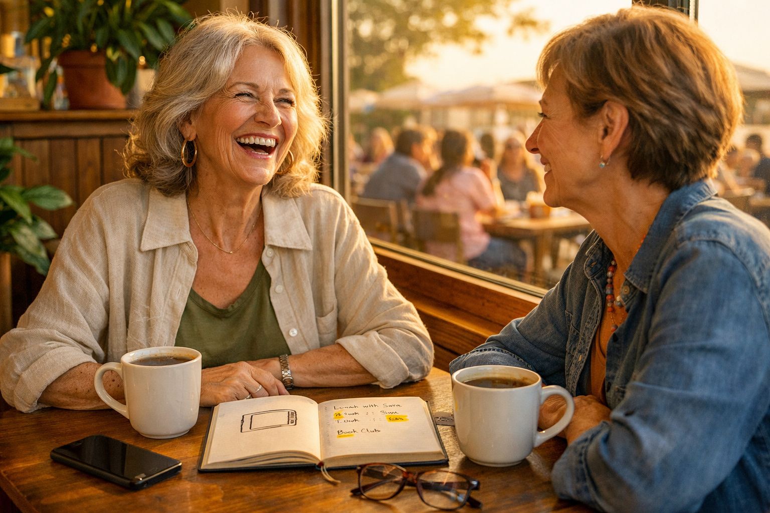 Duas mulheres maduras a conversar e rir numa cafetaria, com duas chávenas de café e um caderno aberto na mesa.