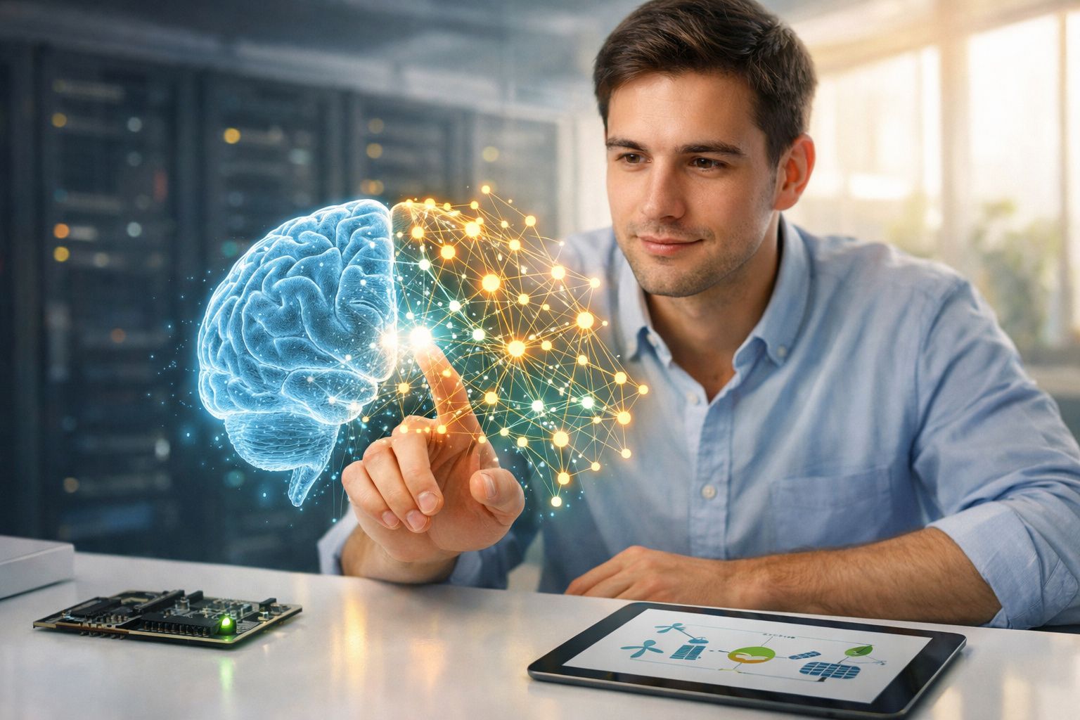 Homem interage com gráfico digital de cérebro e conexões, simbolizando inteligência artificial e tecnologia.