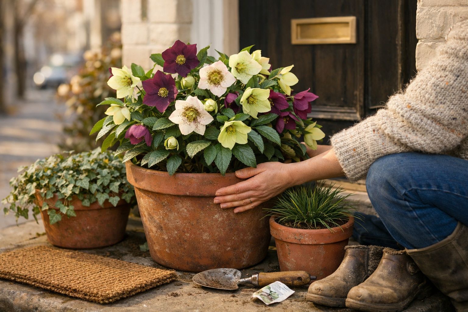 Pessoa a cuidar de vaso de flores coloridas à porta com outras plantas e ferramentas de jardinagem.