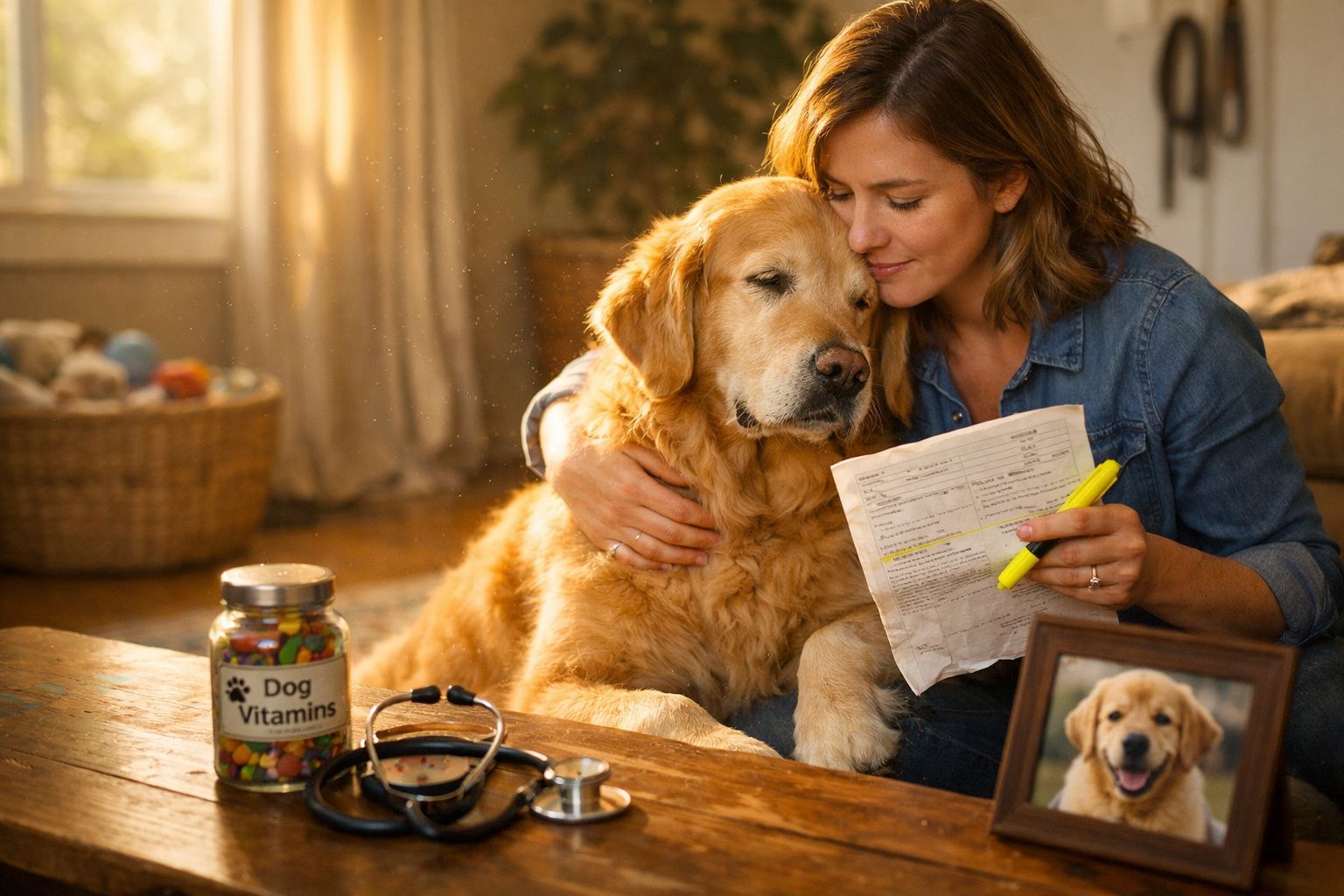 Mulher abraça cão golden retriever enquanto segura documento e marcador amarelo numa sala acolhedora.