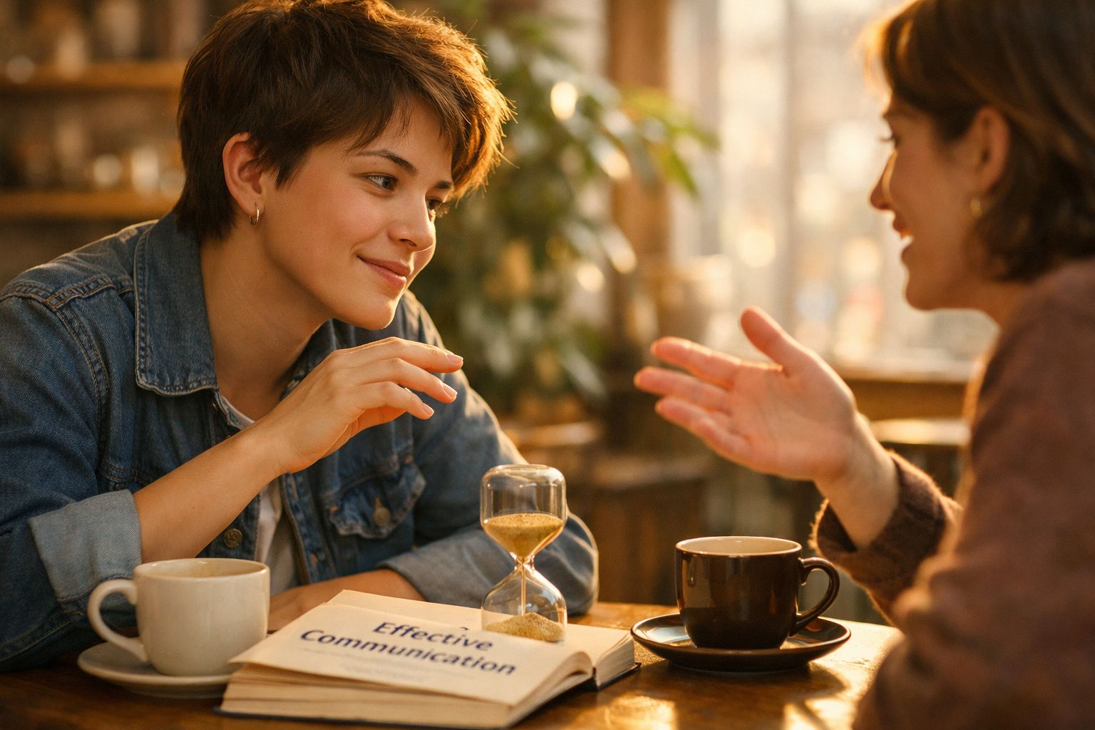 Duas pessoas sentadas a conversar num café, com um livro e uma ampulheta na mesa entre elas.