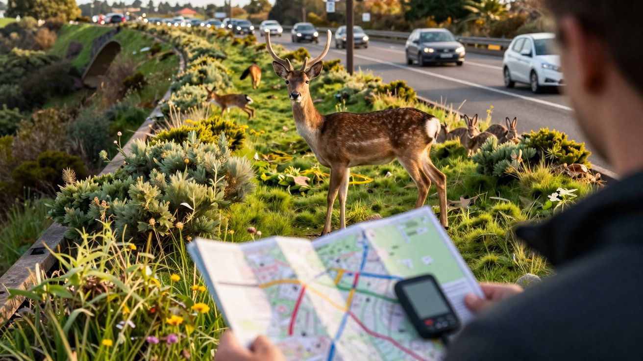 Veado na berma verde de uma estrada, com homem a olhar para mapa e carros a circular ao fundo.
