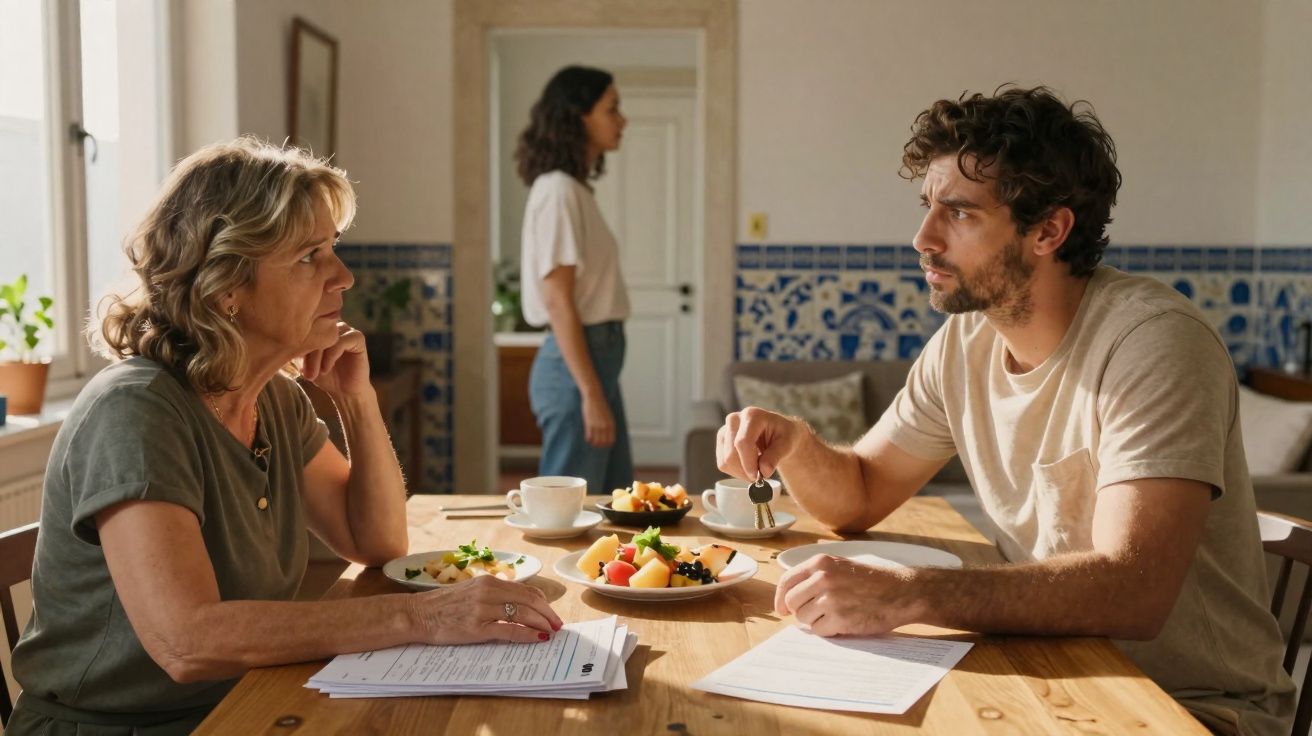 Três pessoas na cozinha, duas sentadas à mesa e uma de pé ao fundo, com documentos e fruta sobre a mesa.
