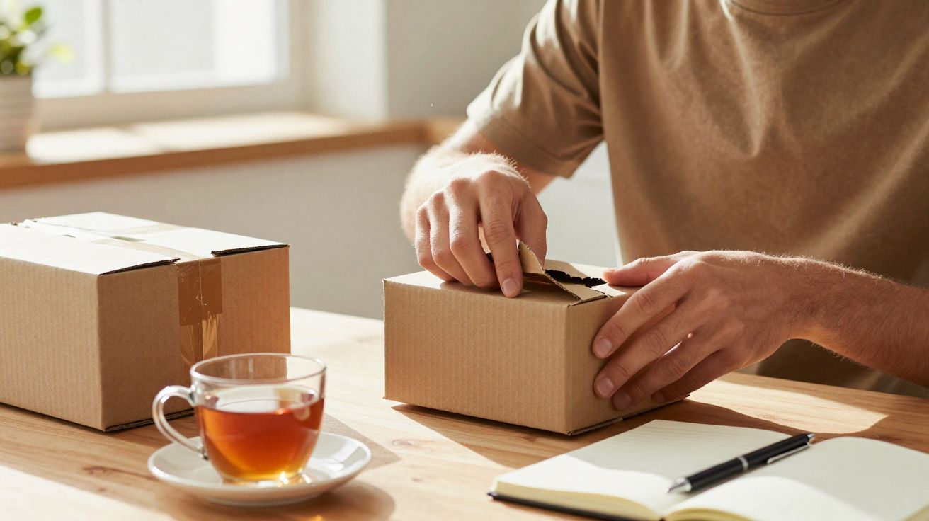 Pessoa a abrir uma caixa de cartão numa mesa com chá e um caderno aberto.