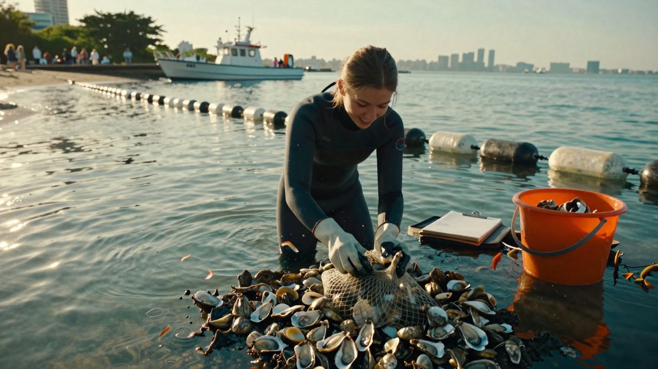 Mulher com fato de mergulho recolhe moluscos numa zona costeira com barco e cidade ao fundo.