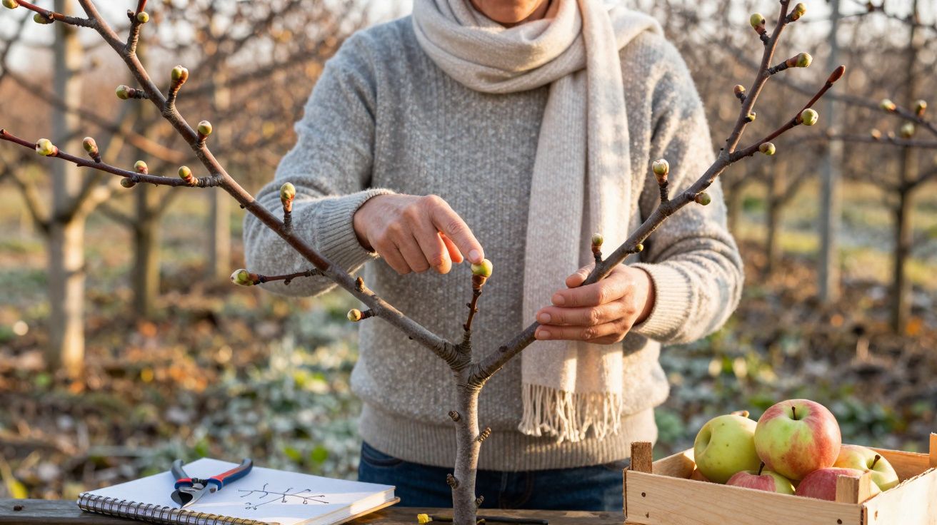 Pessoa a podar ramos de árvore com botões na mão, mesa com caderno, tesoura e caixa de maçãs.