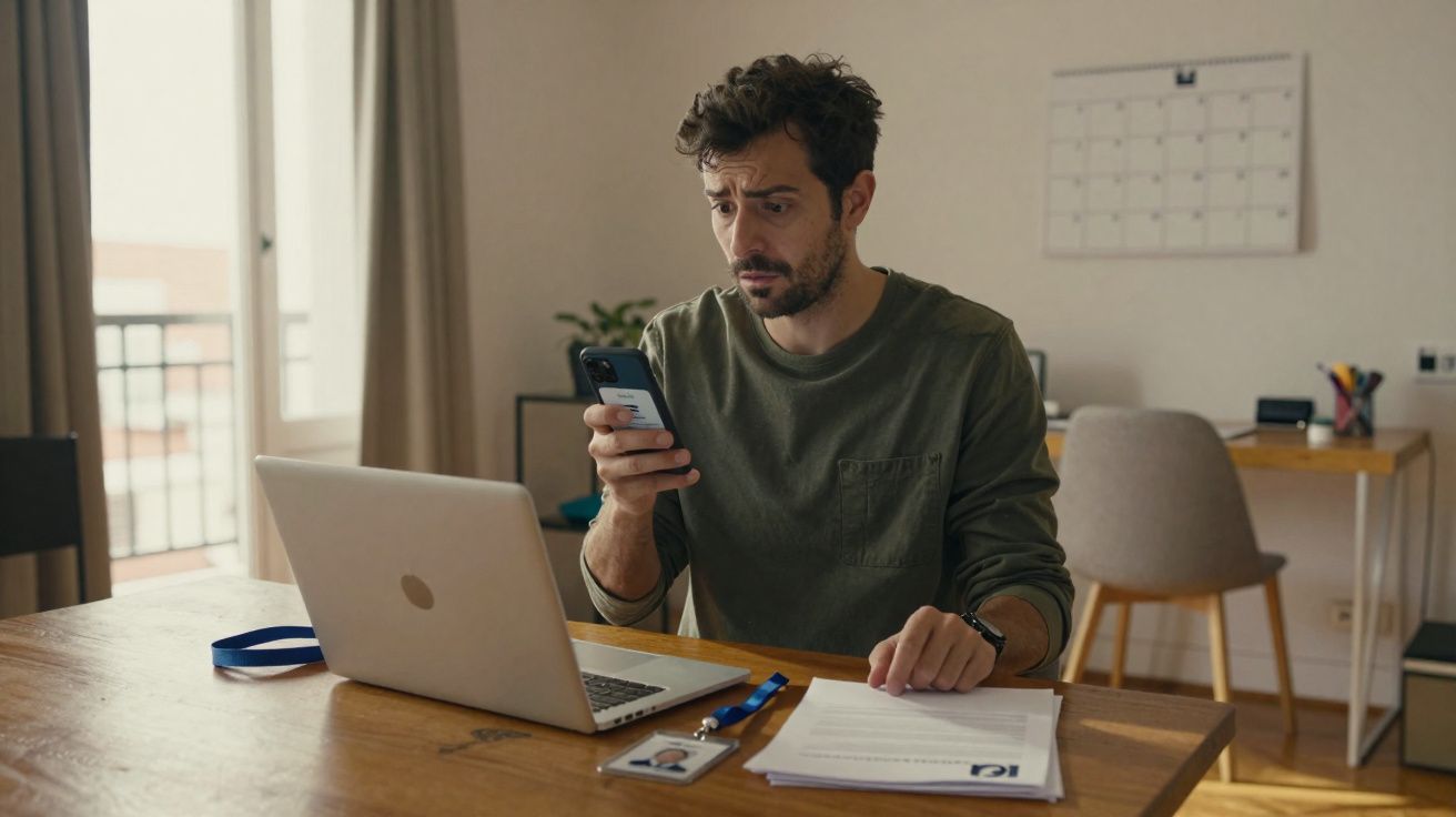 Homem preocupado a ler mensagem no telemóvel sentado à mesa com portátil e documentos.