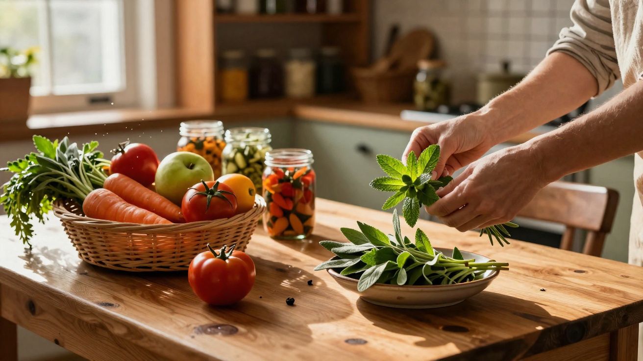 Pessoa a apanhar ervas frescas numa cozinha com legumes numa cesta sobre a mesa de madeira.
