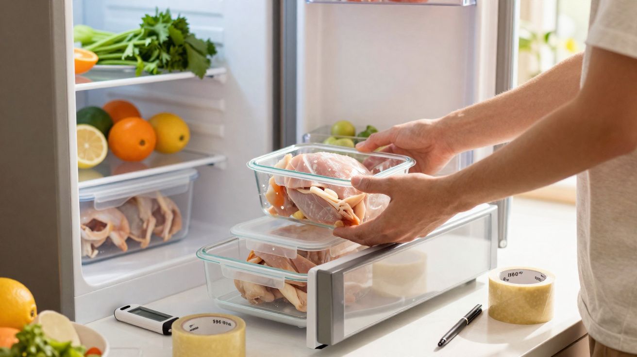 Mãos a colocar frango cru em recipiente de vidro dentro do frigorífico aberto com frutas e legumes.