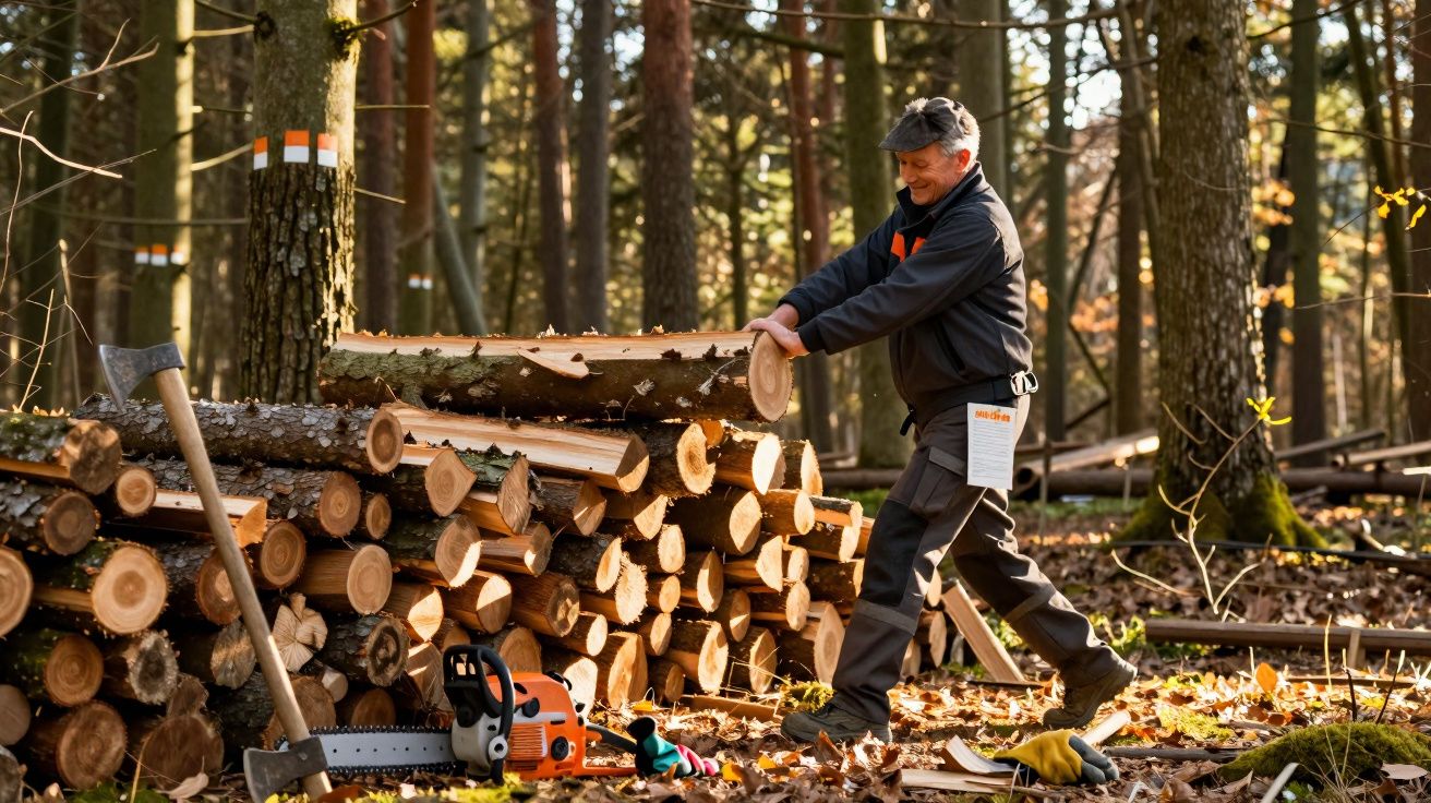 Homem a empilhar troncos numa floresta com motosserra e machado no chão coberto de folhas secas.