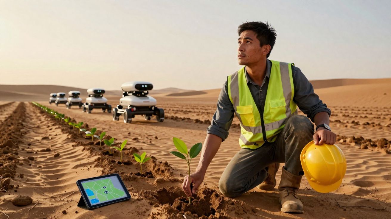 Homem com colete refletor planta árvore no deserto, com robôs agrícolas e tablet ao lado.