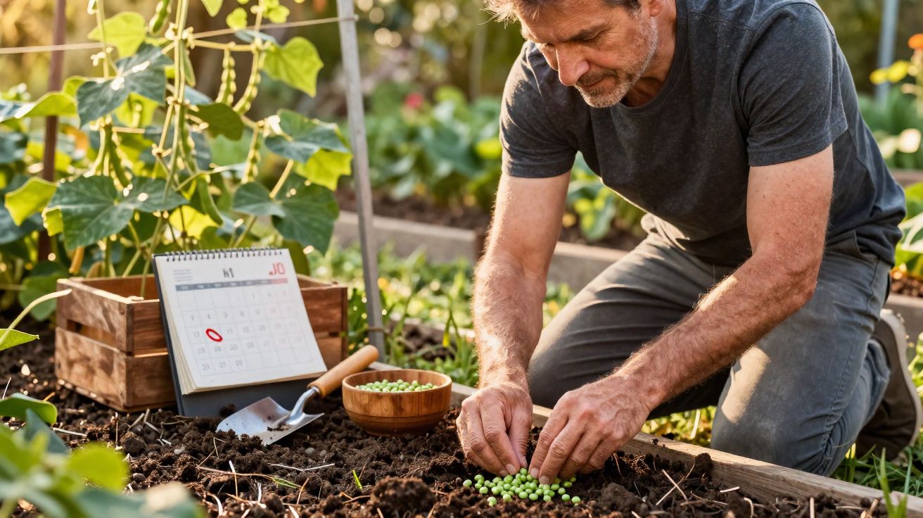 Homem adulto a plantar sementes de ervilhas na horta com ferramentas e calendário visíveis.