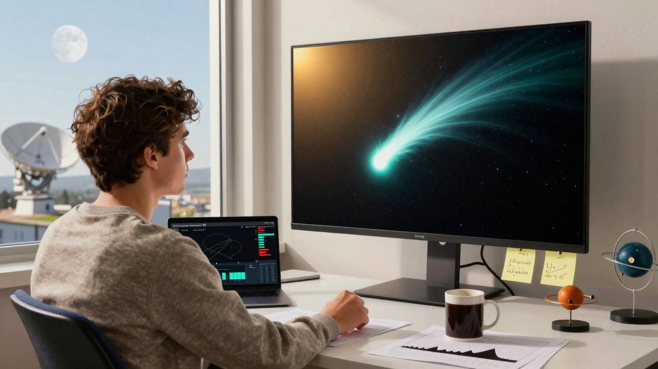 Jovem observa imagem de cometa num monitor grande enquanto trabalha com computador portátil e gráficos numa secretária.
