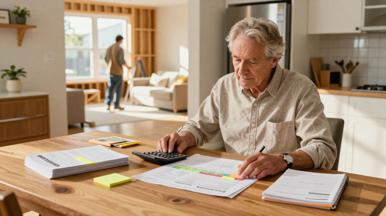 Homem idoso a calcular despesas e analisar documentos numa mesa de madeira numa sala iluminada.