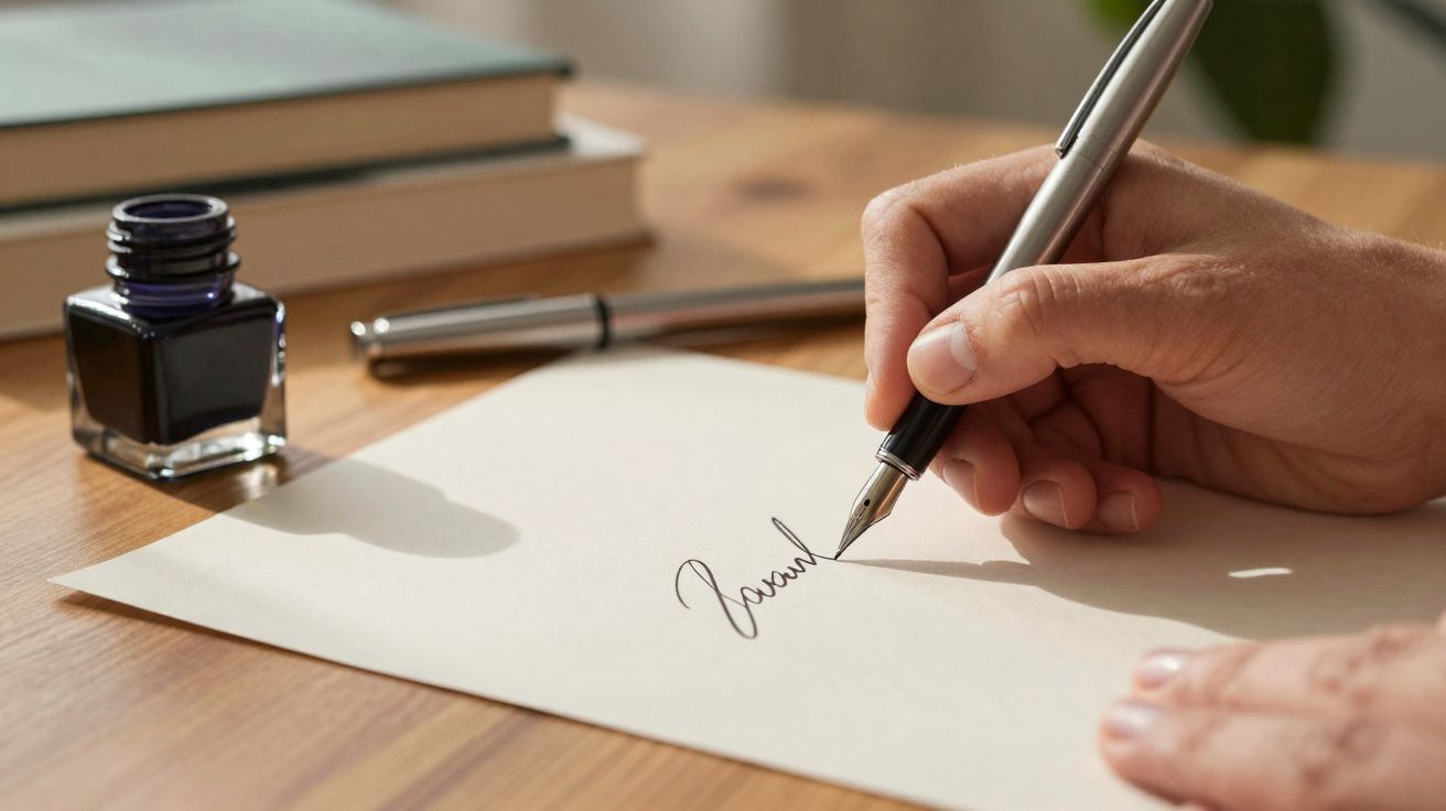 Pessoa a escrever num papel com uma caneta de tinta preta, tinteiro e livros ao fundo.