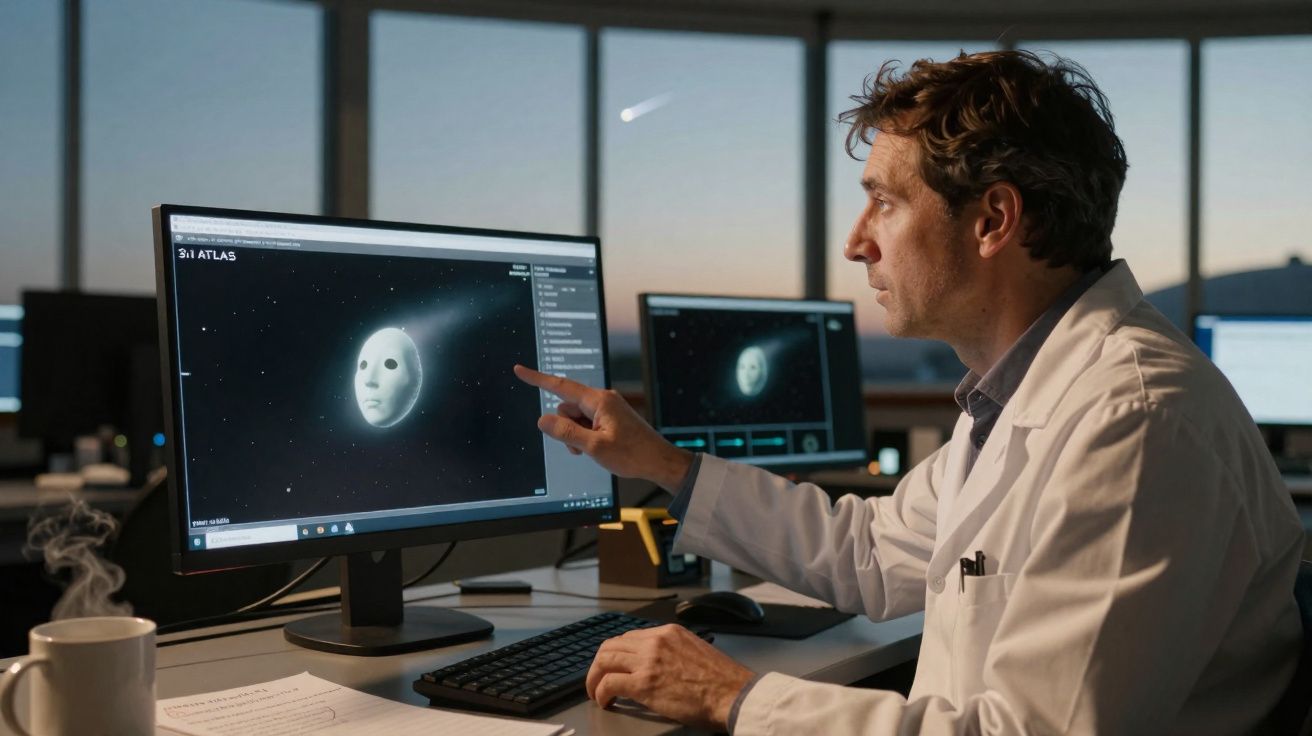 Homem de bata branca observa e aponta para imagem de máscara flutuante no ecrã de computador num laboratório.