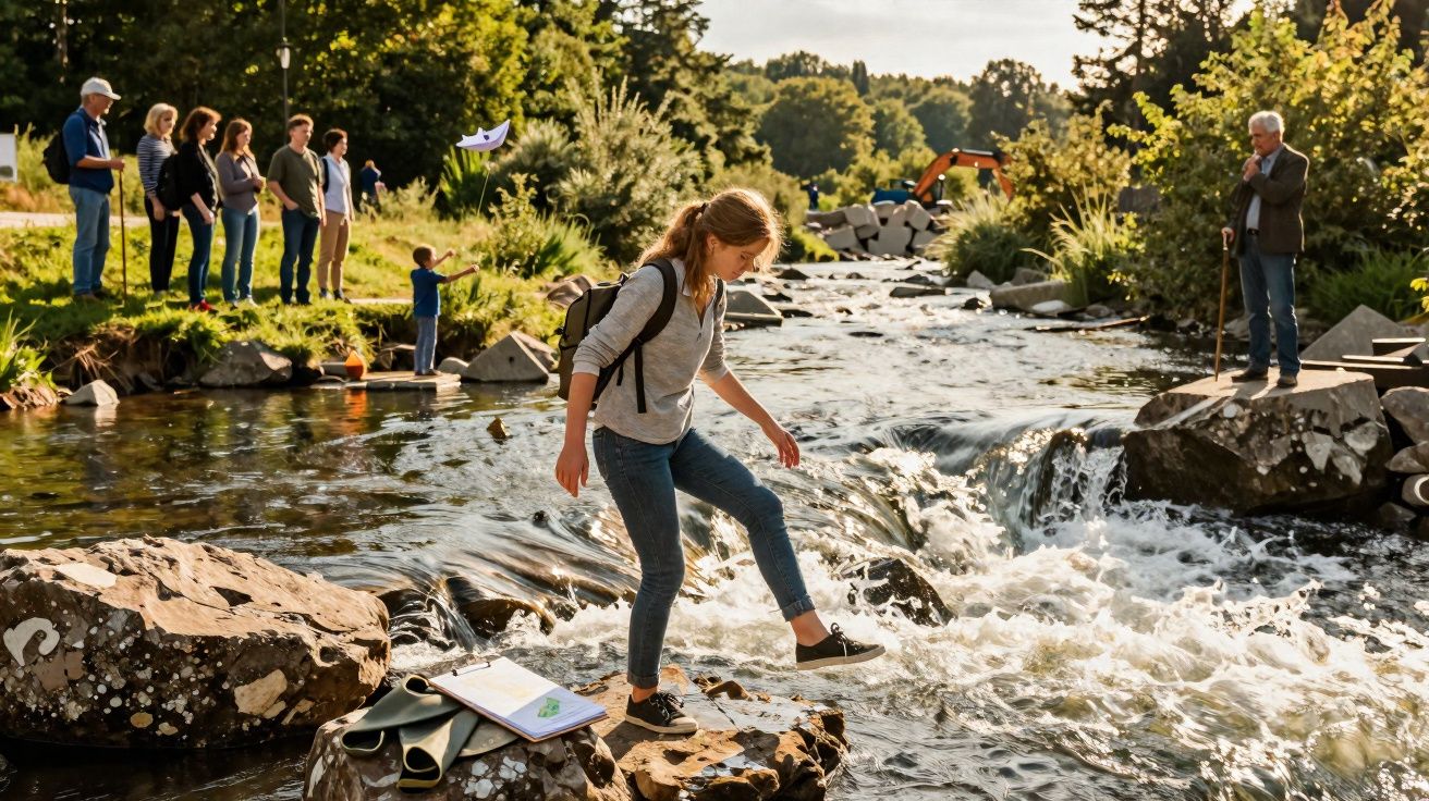 Jovem com mochila atravessa rio pedregoso enquanto outras pessoas observam à beira da água num dia soalheiro.