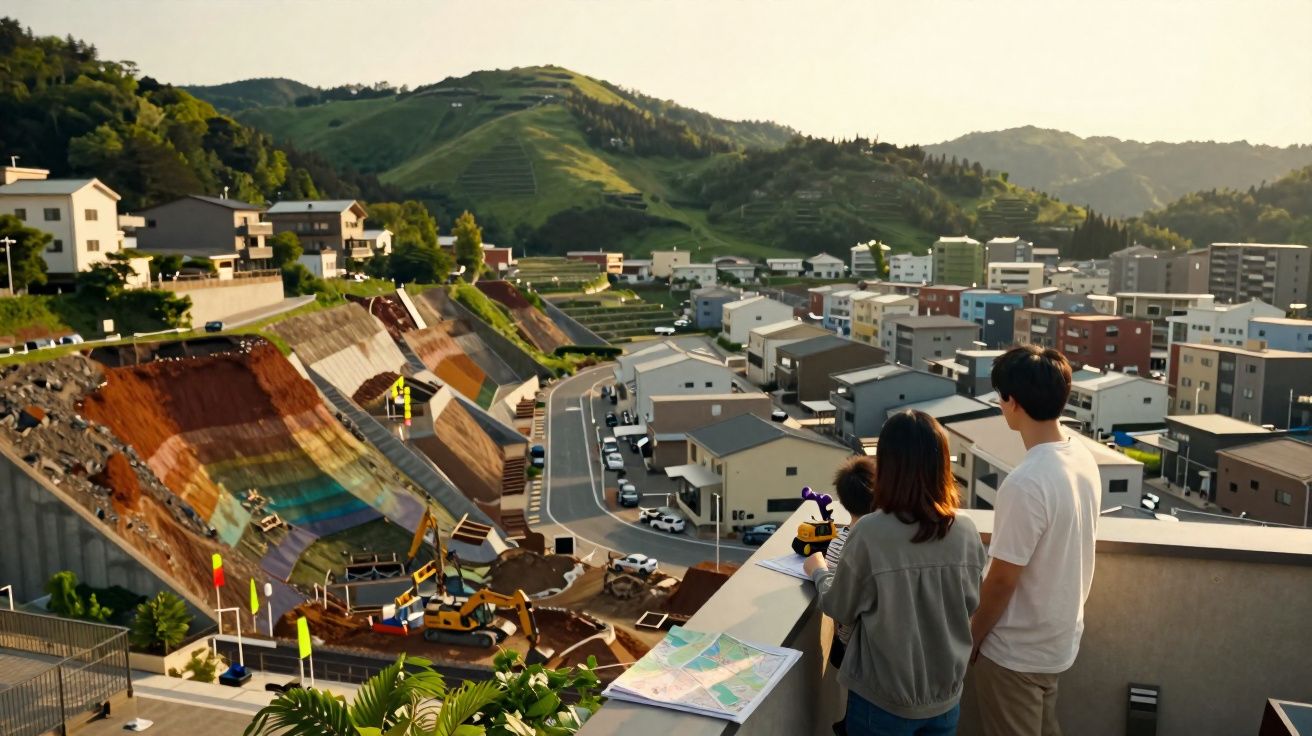 Família observa exposição de arte colorida em encosta junto a área urbana e montanhas ao pôr do sol.