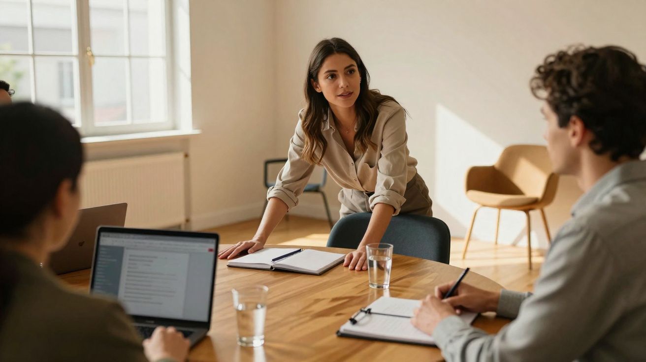 Mulher em pé a falar com colegas numa reunião de trabalho numa sala iluminada por luz natural.