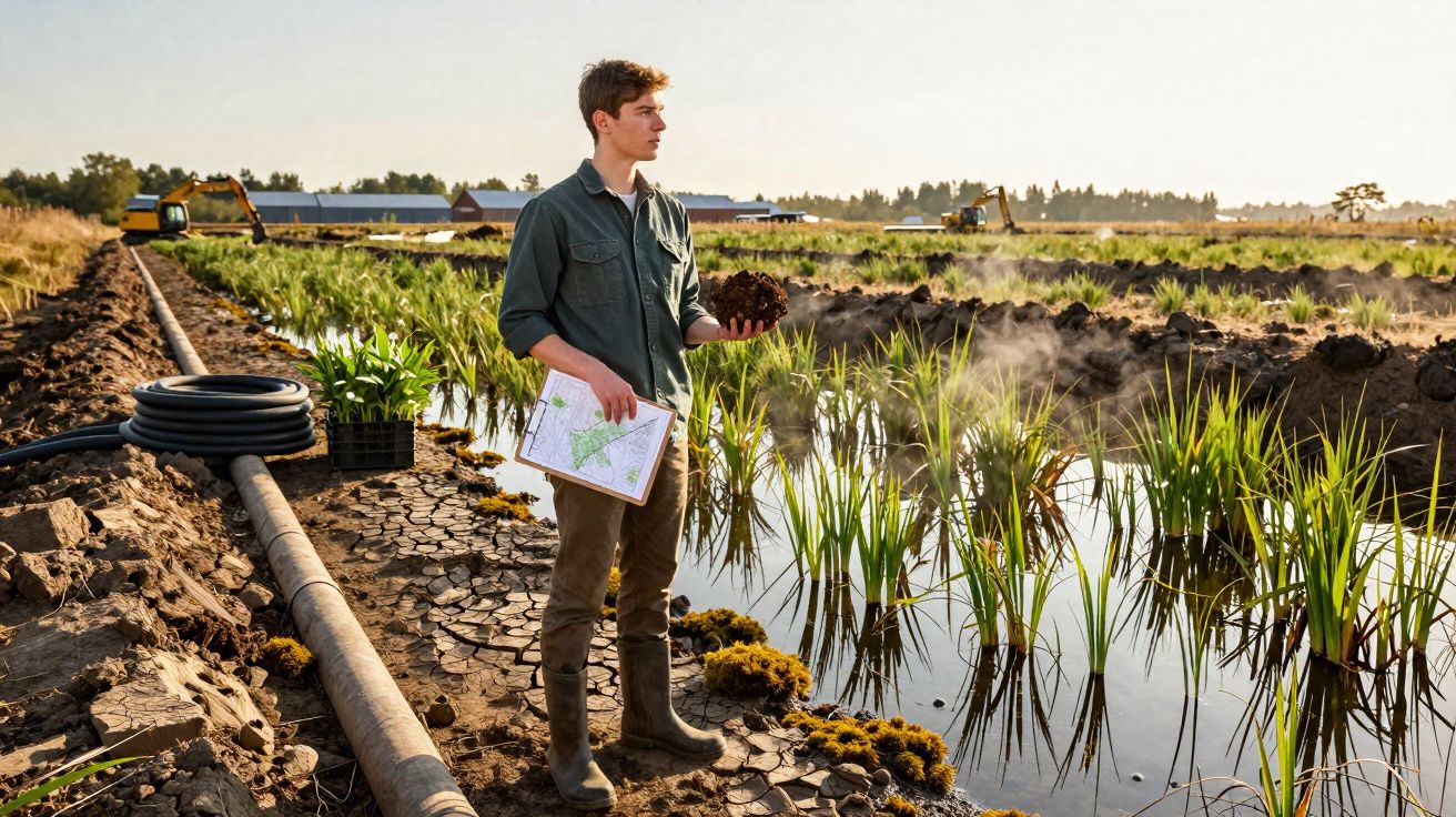 Homem com botas de borracha segura terra e planta na mão junto a campo alagado com vegetação e maquinaria agrícola.